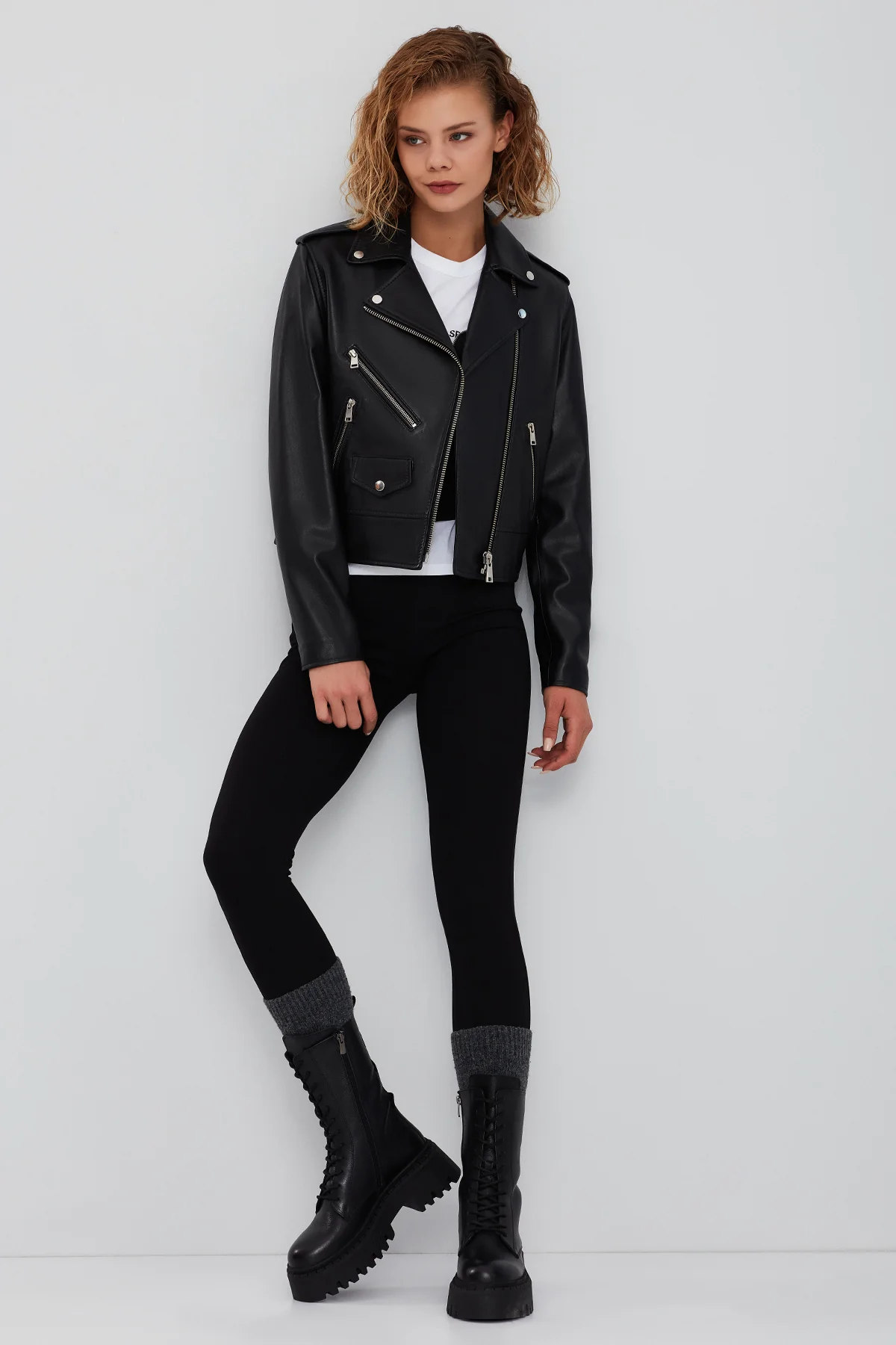 New Look Kadın Siyah Biker Deri Ceket - Image 5