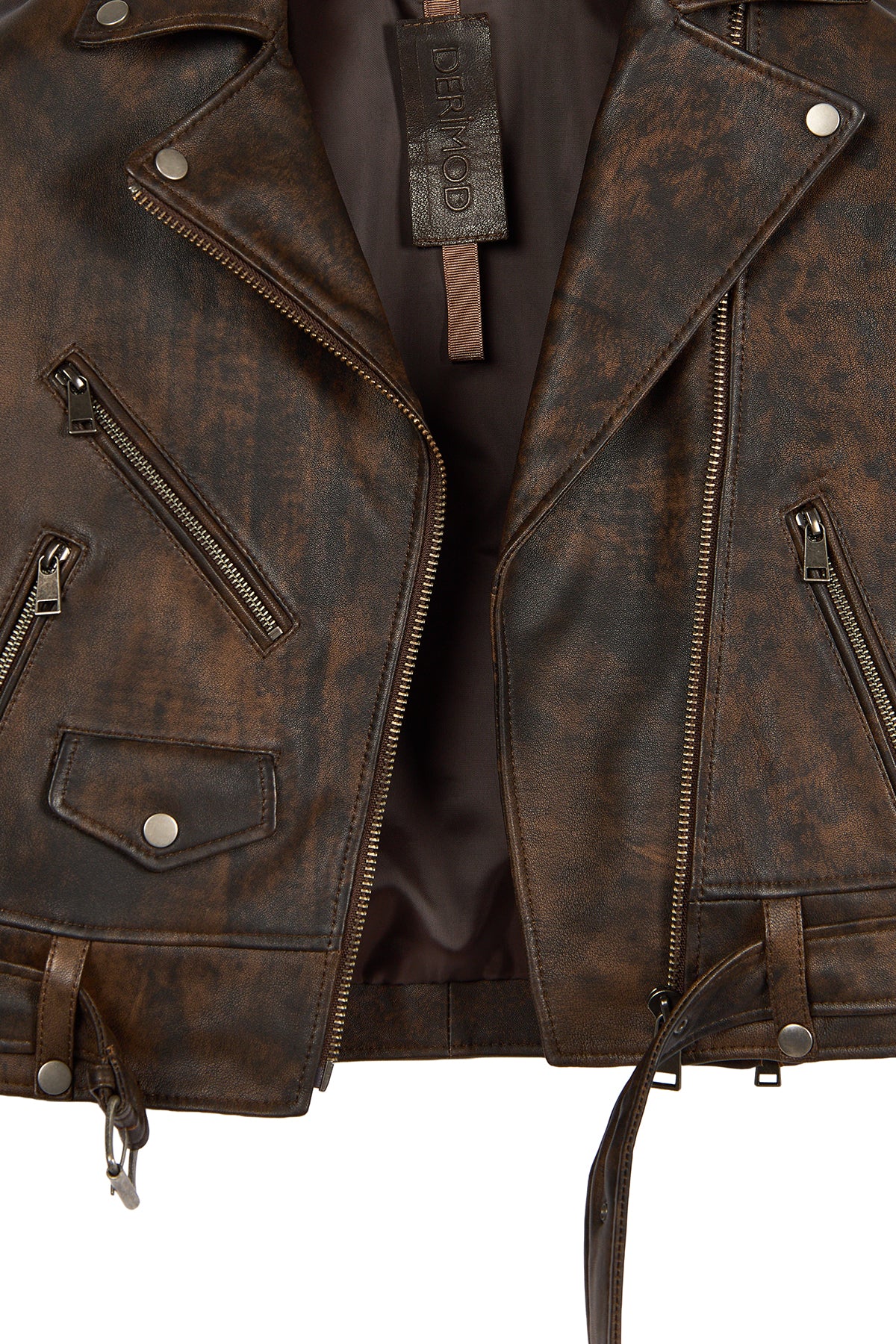 Newage Kadın Kahverengi Slim-Fit Biker Deri Ceket - Image 4