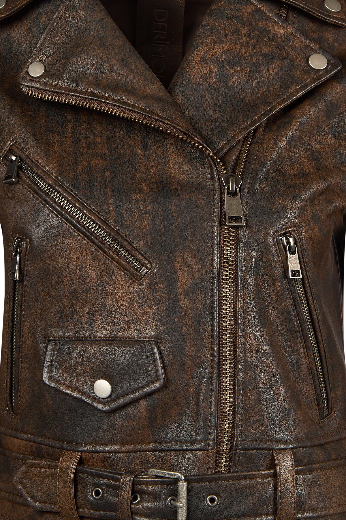 Newage Kadın Kahverengi Slim-Fit Biker Deri Ceket - Image 5