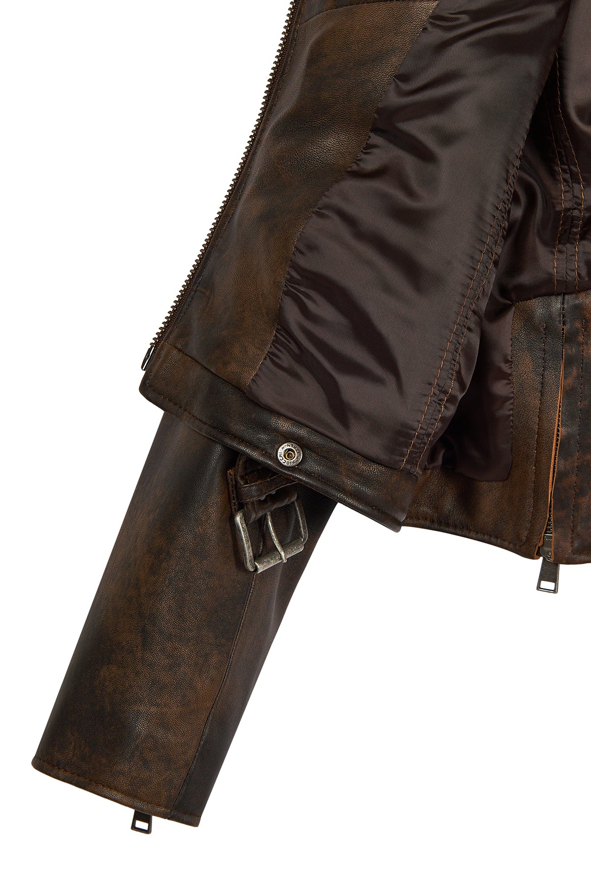 Newage Kadın Kahverengi Slim-Fit Biker Deri Ceket - Image 8