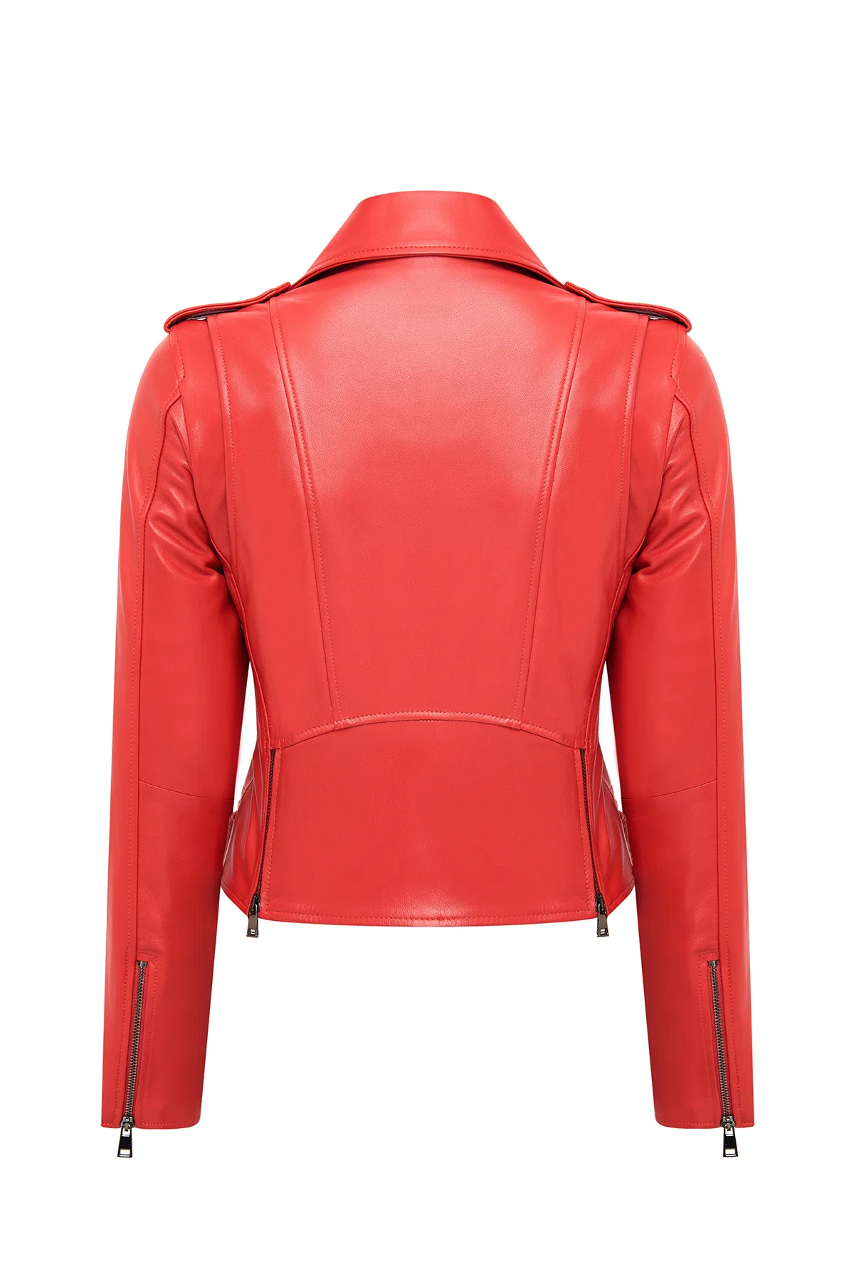 Newage Kadın Kırmızı Slim-Fit Biker Deri Ceket - Image 2