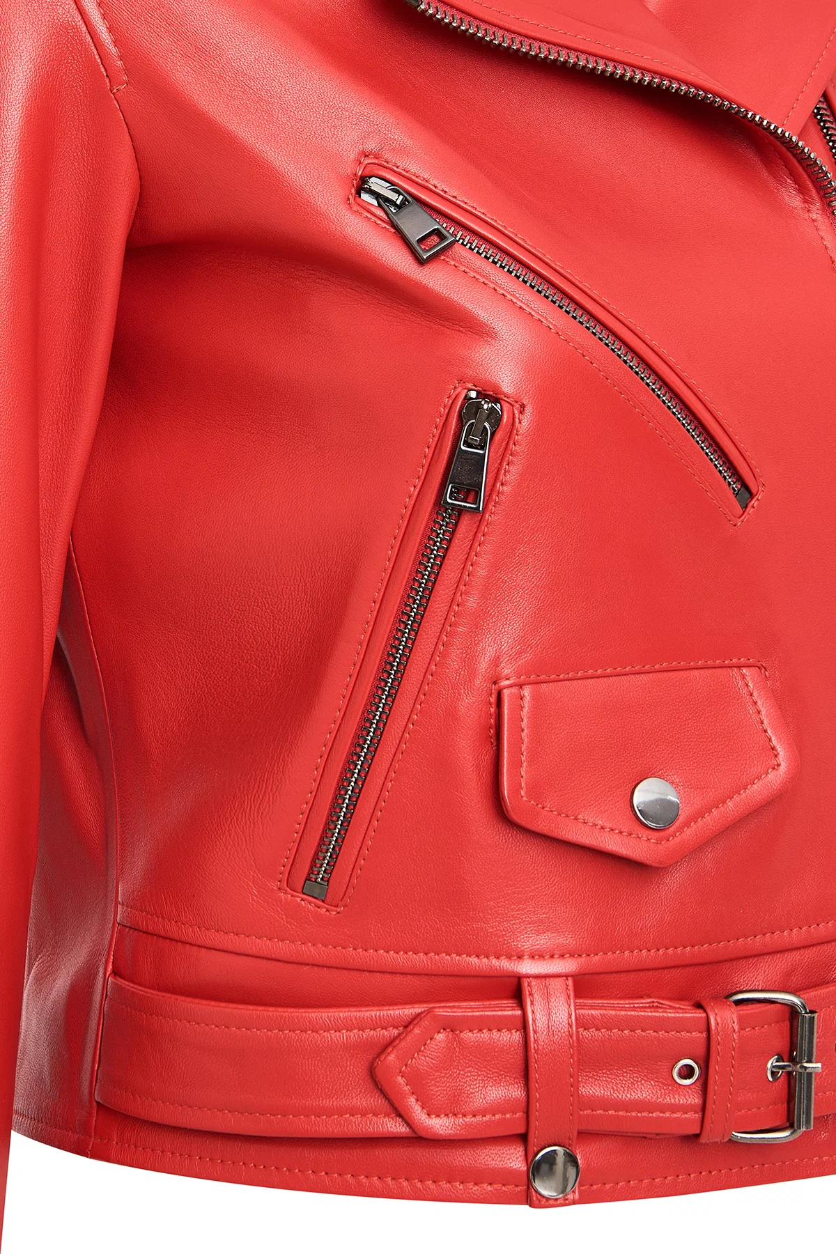 Newage Kadın Kırmızı Slim-Fit Biker Deri Ceket - Image 4