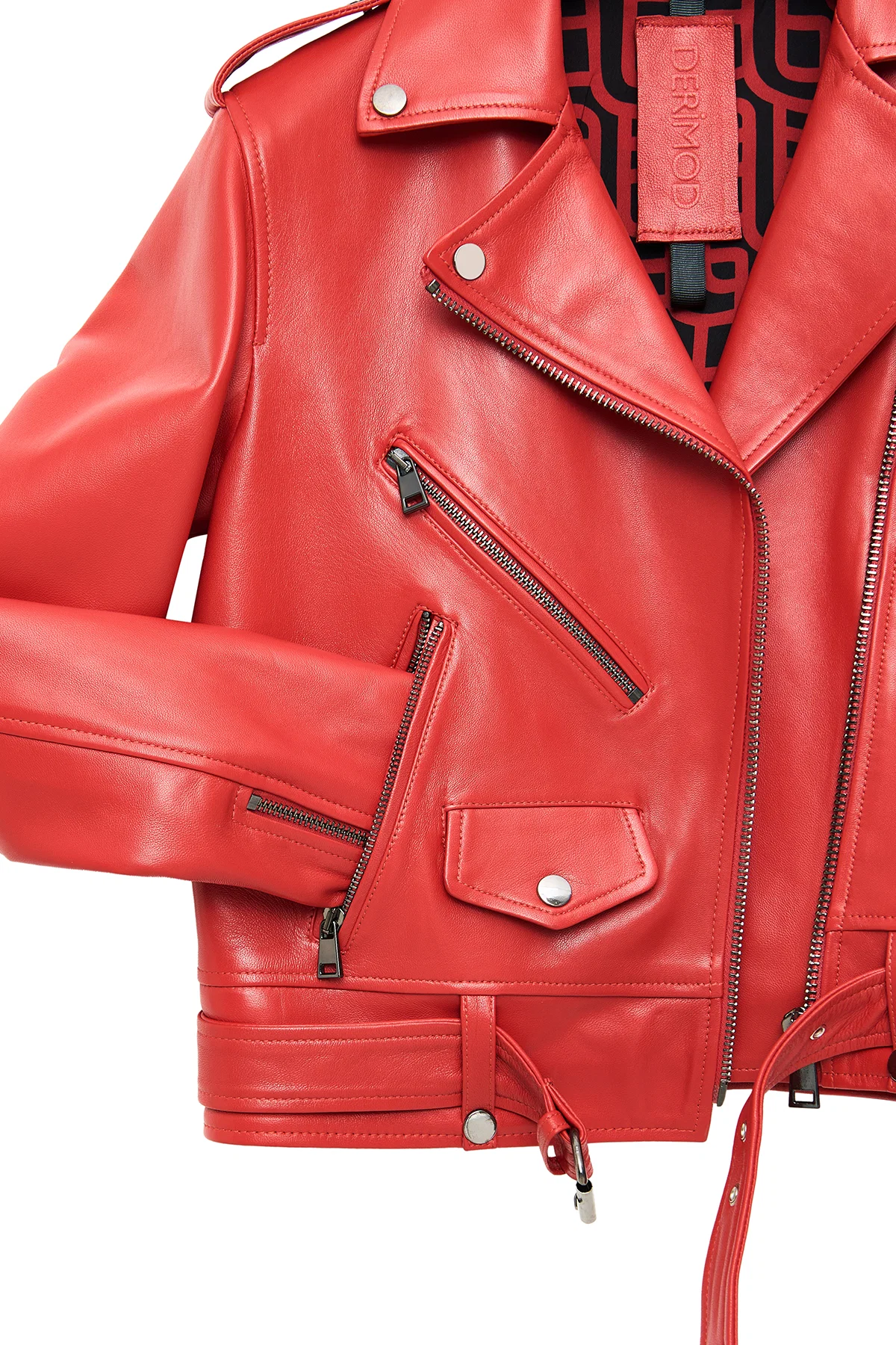Newage Kadın Kırmızı Slim-Fit Biker Deri Ceket - Image 8