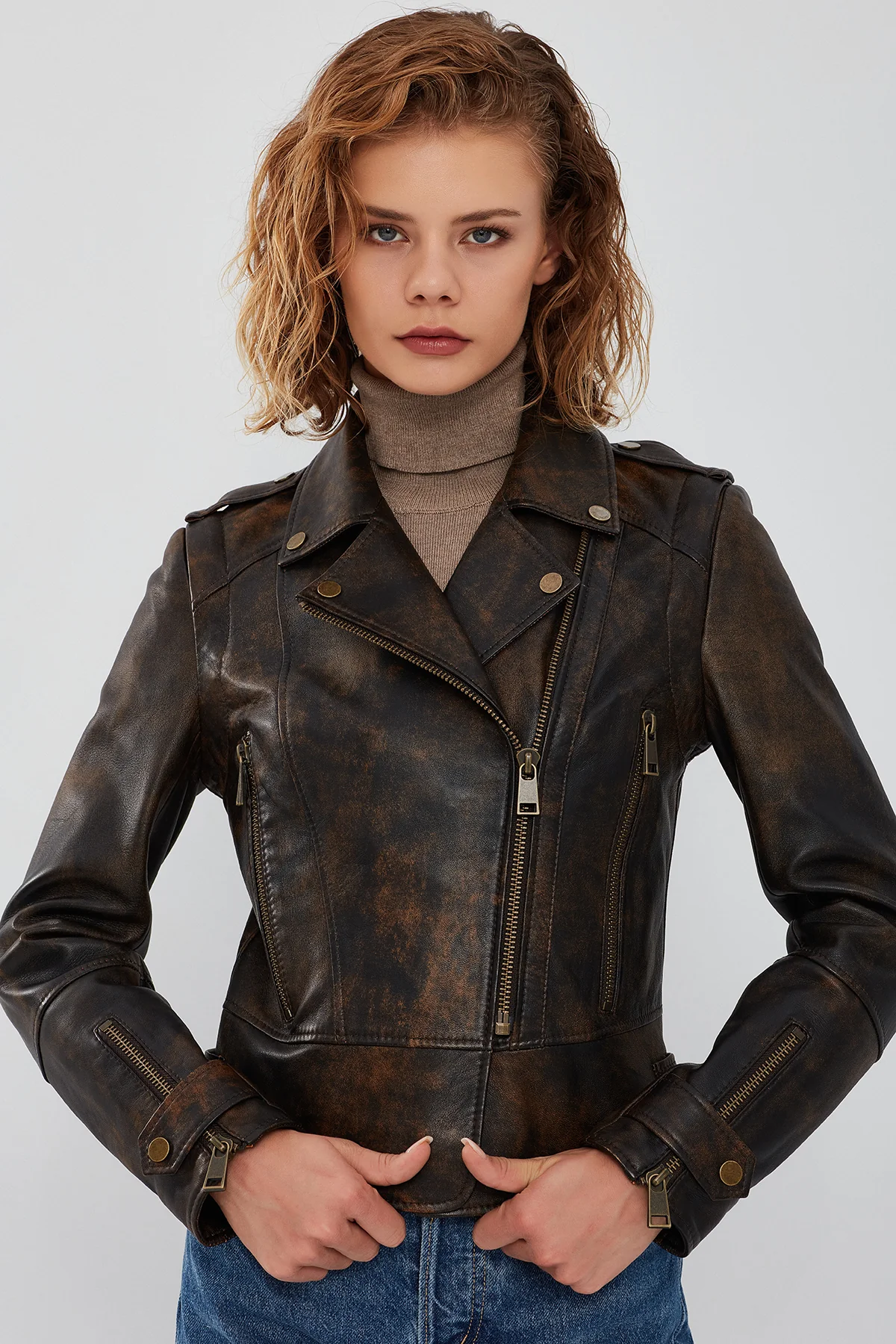 Newyork Kadın Kahverengi Vintage Biker Deri Ceket - Image 3