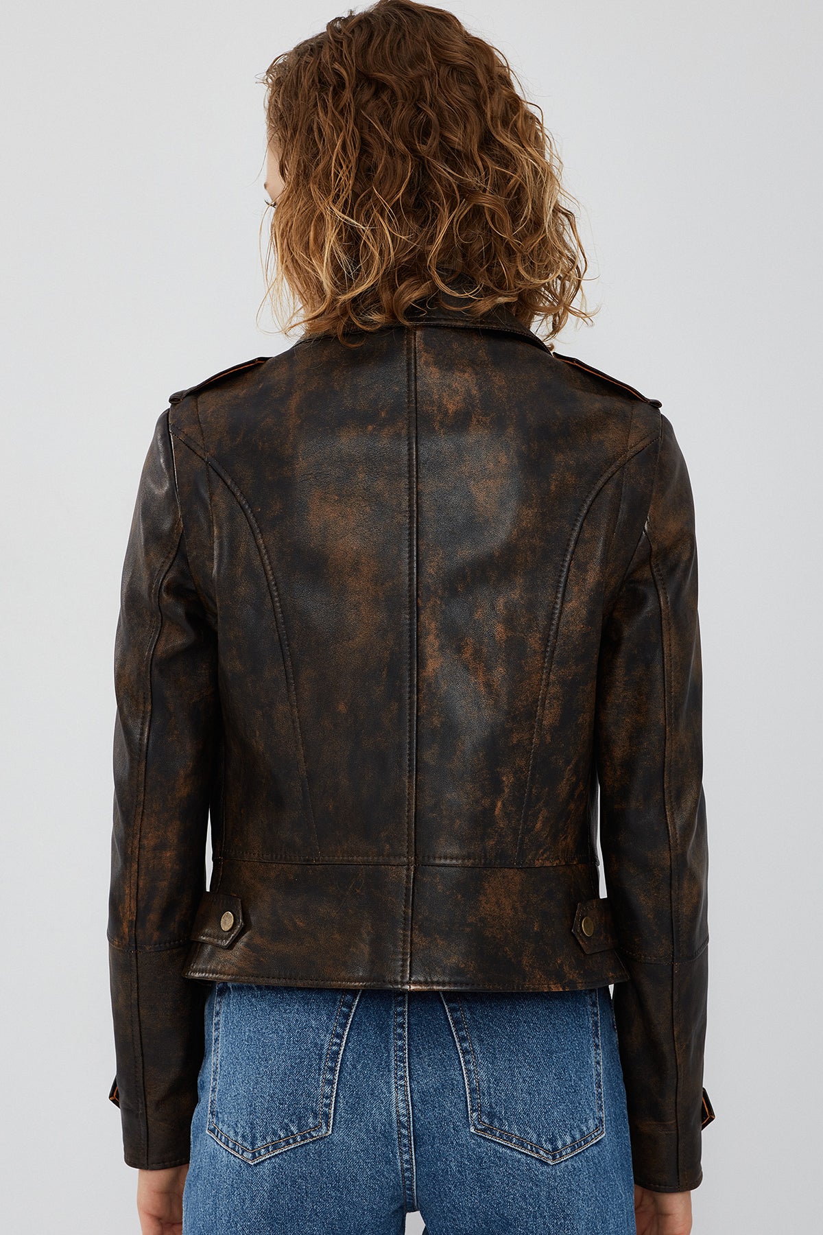Newyork Kadın Kahverengi Vintage Biker Deri Ceket - Image 4