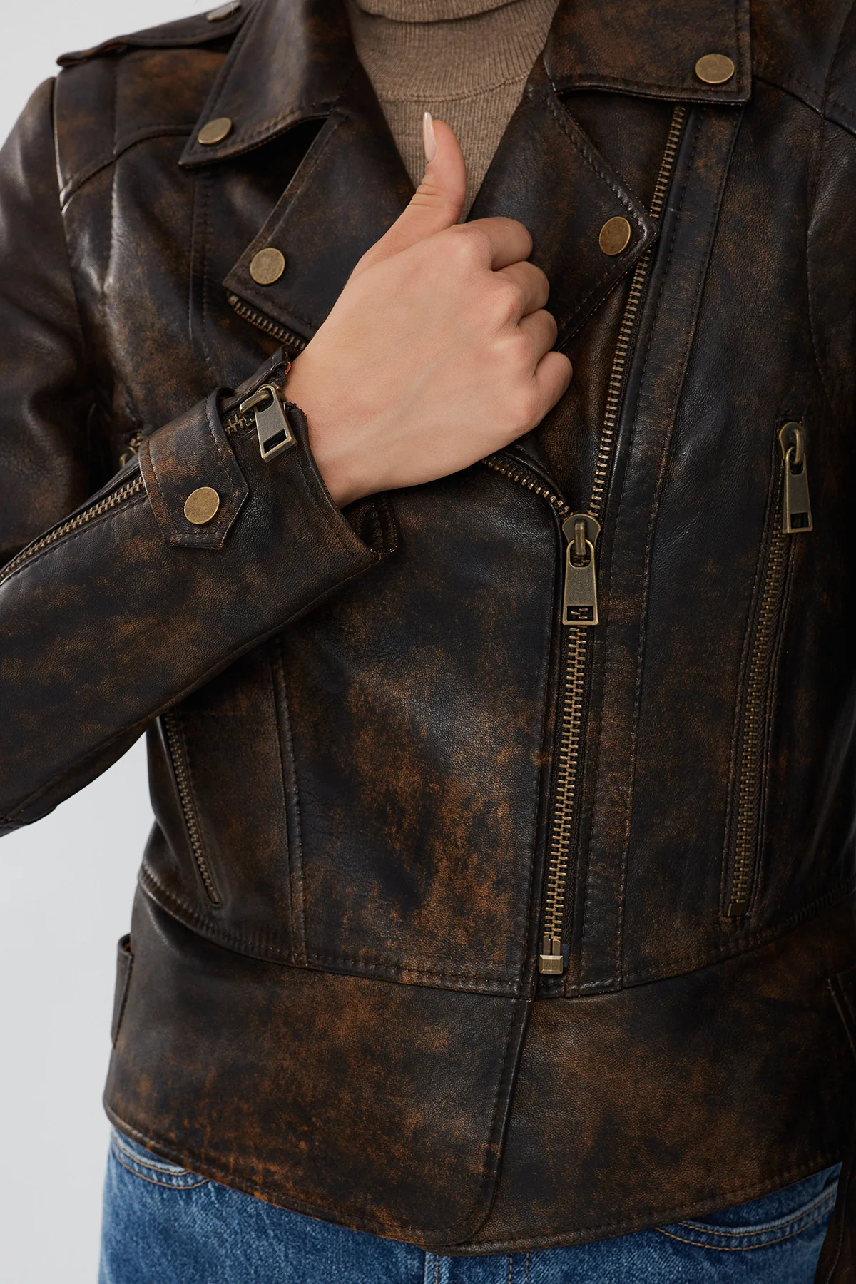 Newyork Kadın Kahverengi Vintage Biker Deri Ceket - Image 6