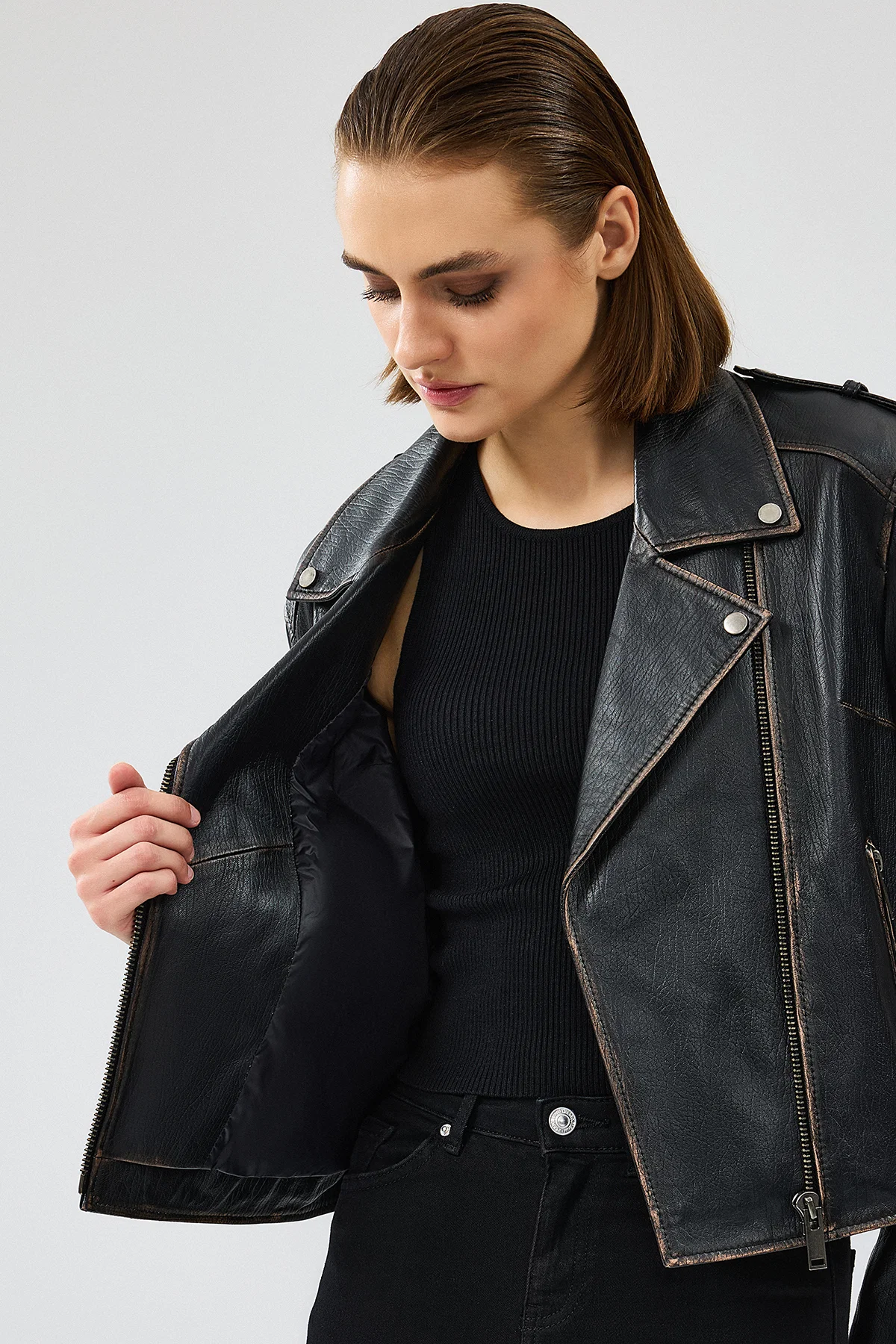Oxford Kadın Siyah Biker Deri Ceket - Image 10