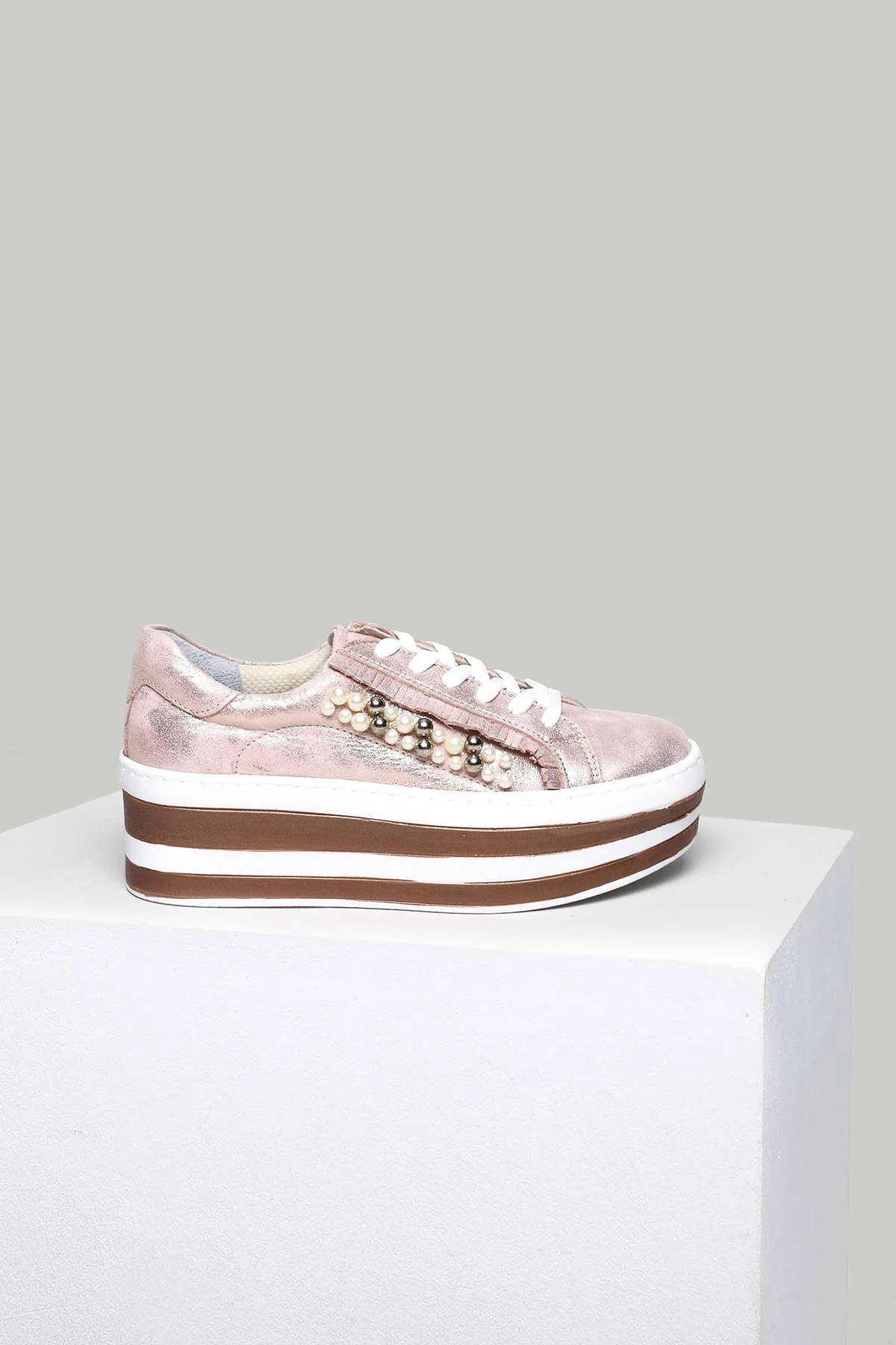 Pembe-Altın Yüksek Tabanlı Kadın Deri Sneaker - Image 2