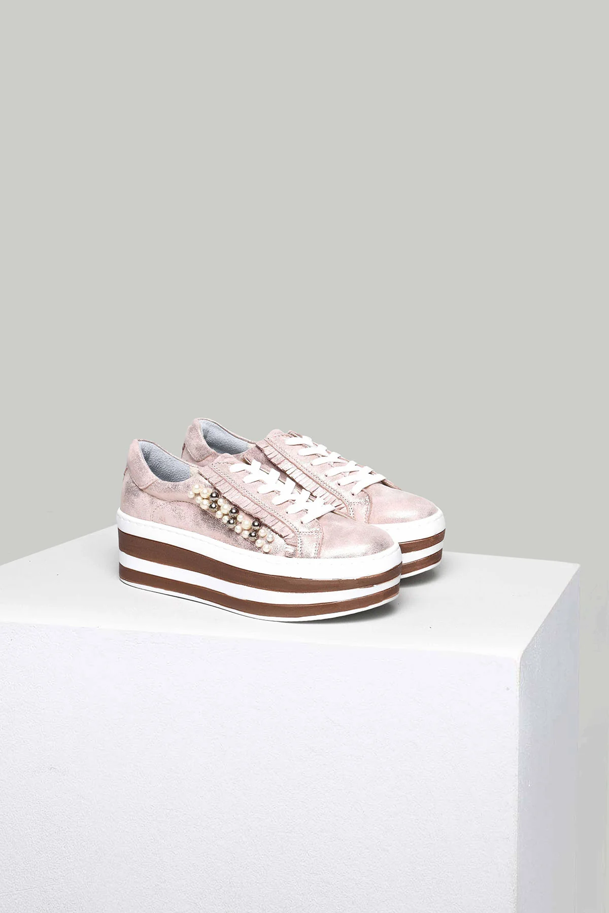 Pembe-Altın Yüksek Tabanlı Kadın Deri Sneaker - Image 3