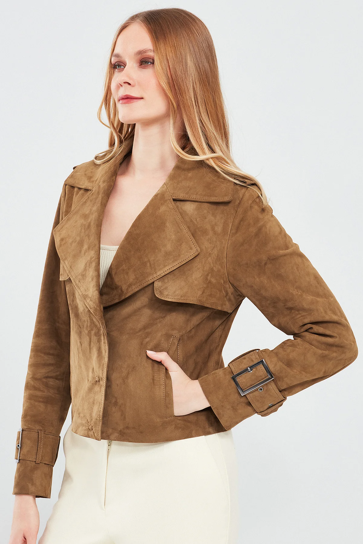 Portofino Kadın Camel Süet Deri Ceket - Image 3
