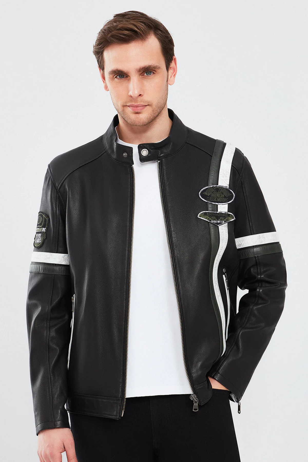 Racer Erkek Spor Slim-Fit Deri Ceket - Image 2