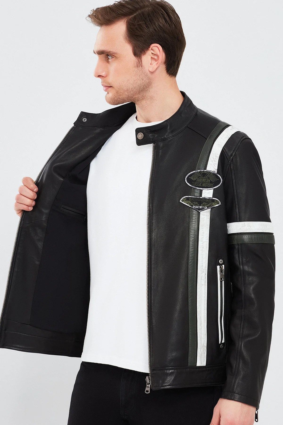 Racer Erkek Spor Slim-Fit Deri Ceket - Image 9