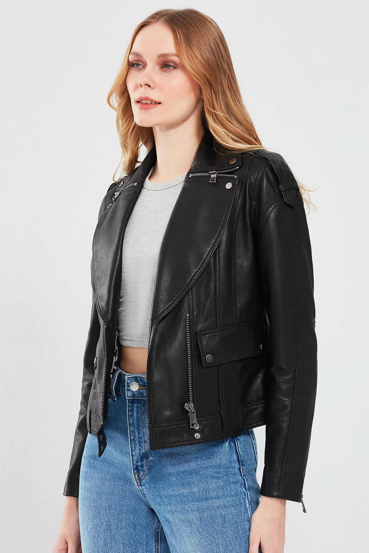Reina Kadın Siyah Biker Deri Ceket - Image 3