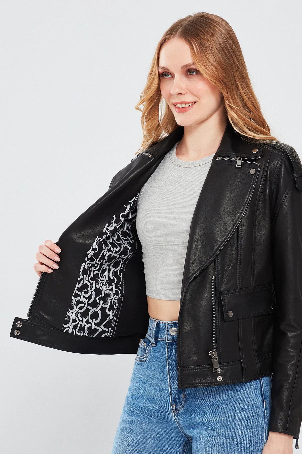 Reina Kadın Siyah Biker Deri Ceket - Image 7