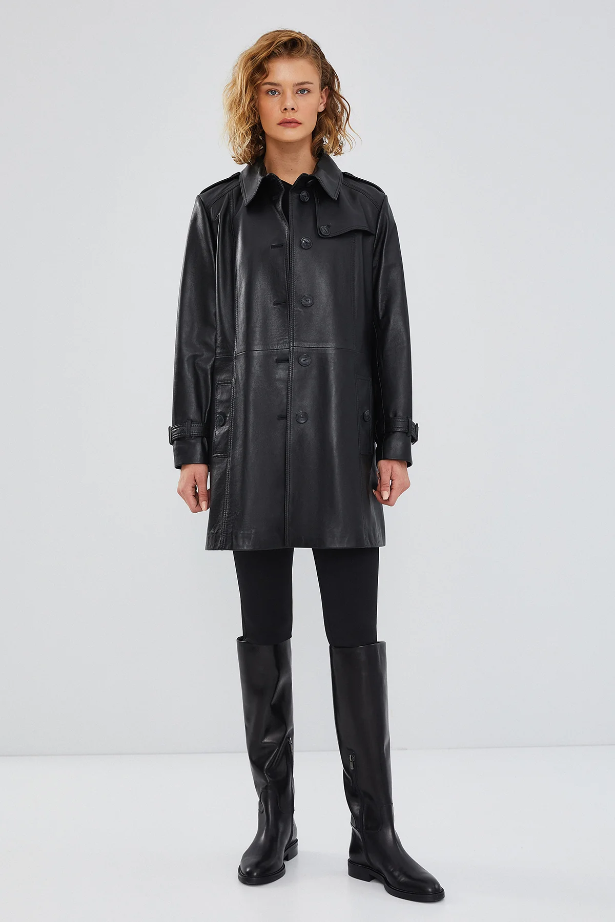 Scarlet Kadın Siyah Deri Trençkot - Image 3