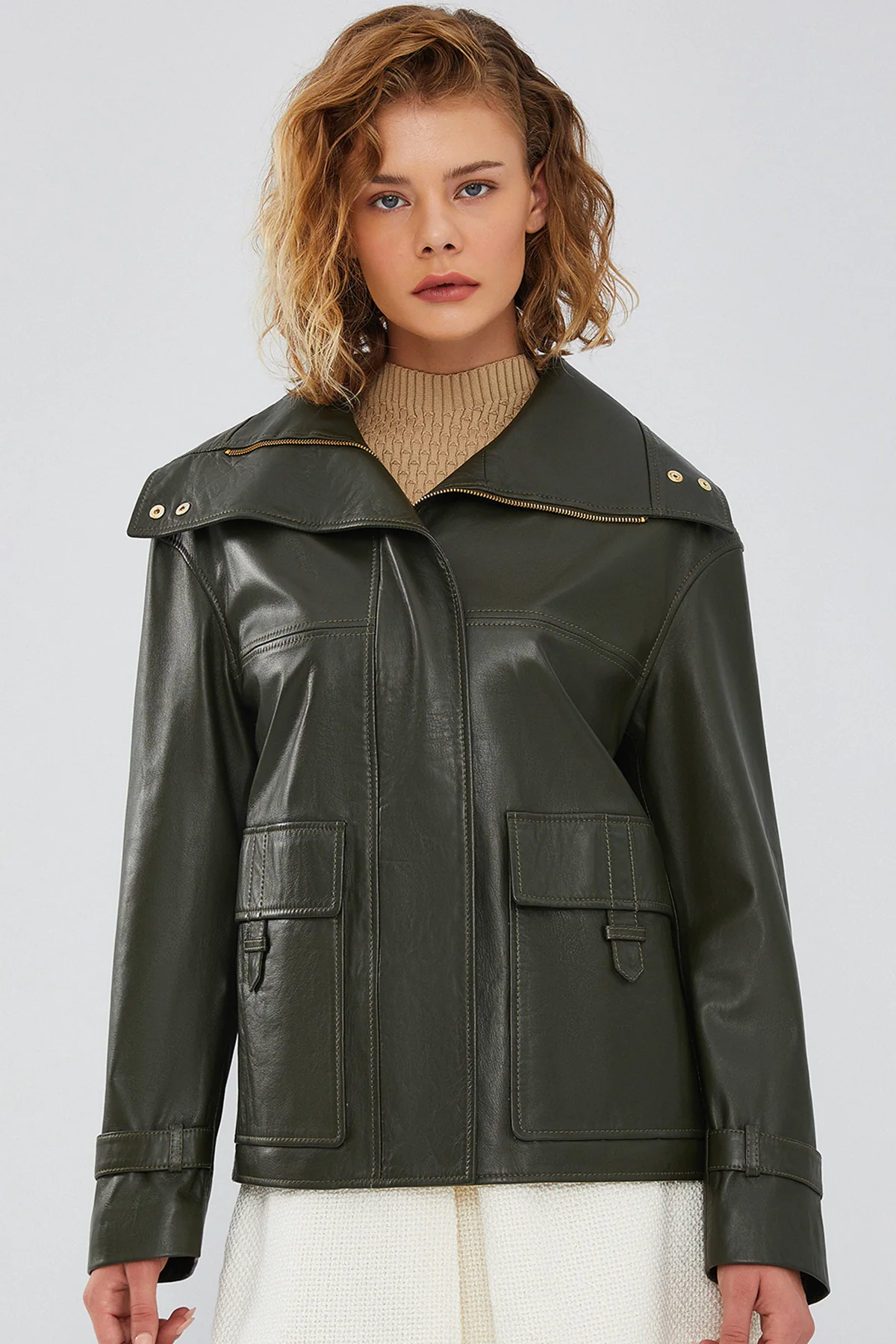 Simona Kadın Yeşil Oversize Deri Ceket - Image 2