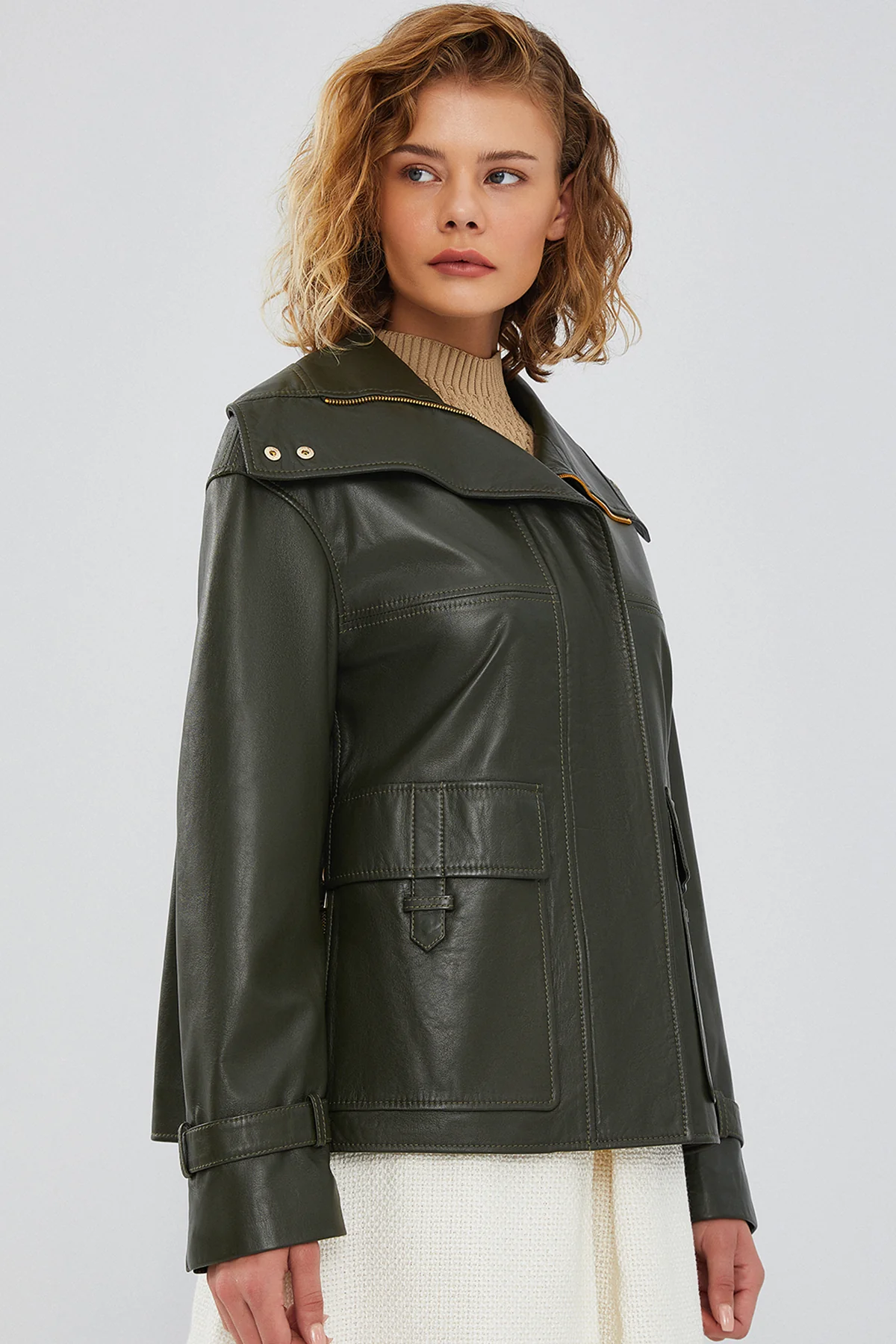 Simona Kadın Yeşil Oversize Deri Ceket - Image 3