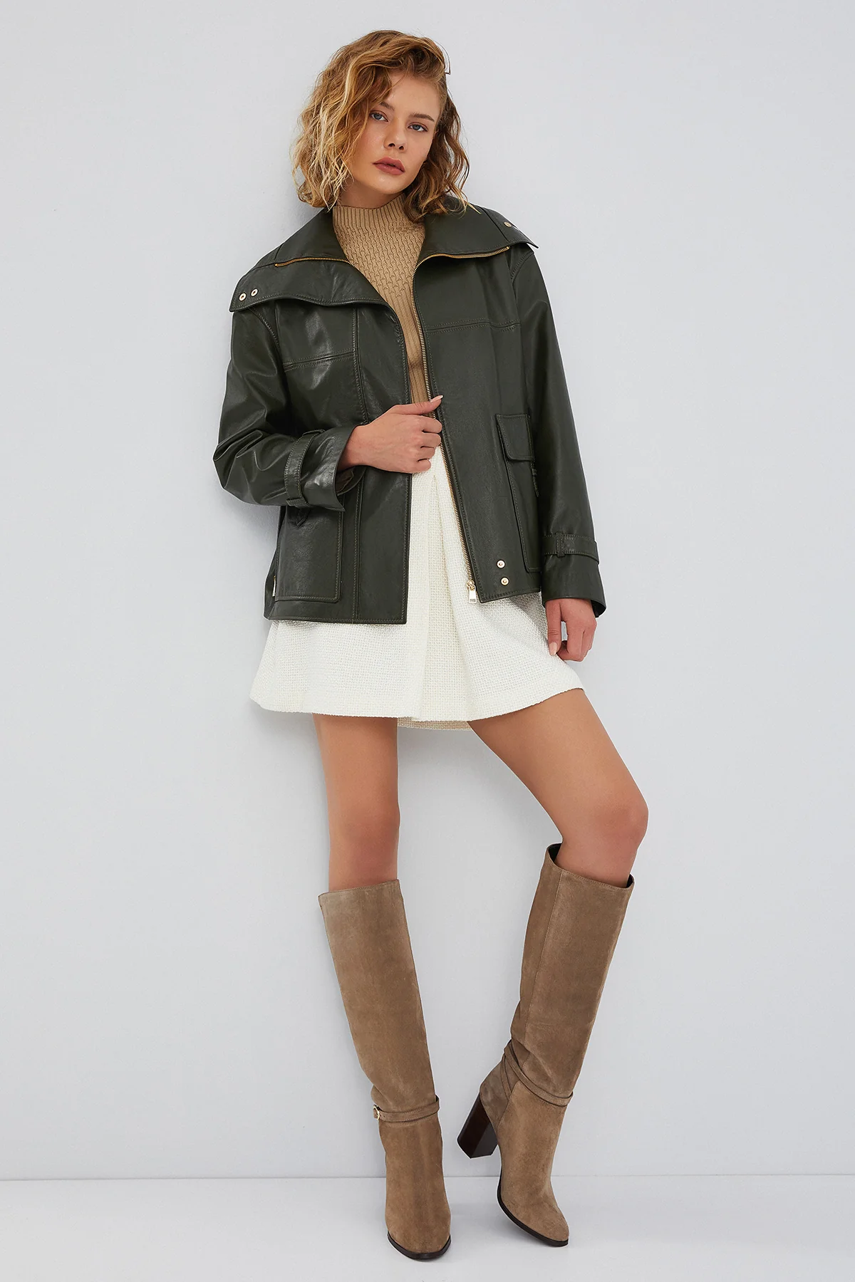 Simona Kadın Yeşil Oversize Deri Ceket - Image 6