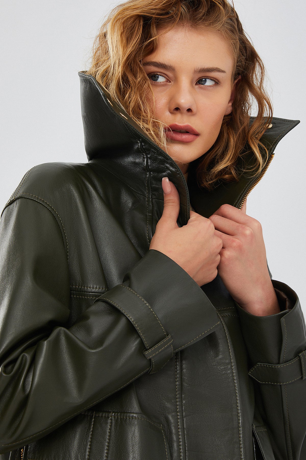 Simona Kadın Yeşil Oversize Deri Ceket - Image 7