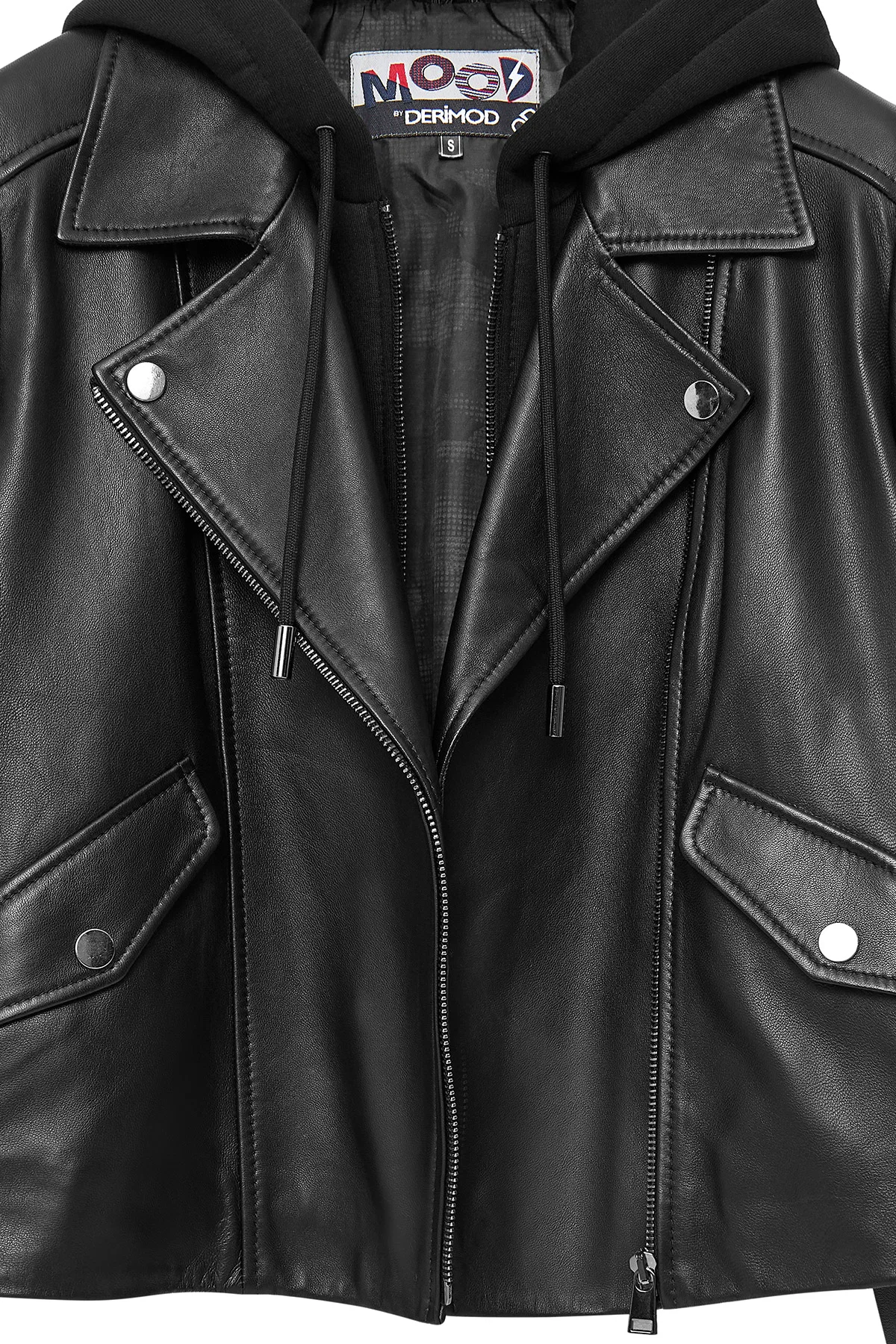 Smart Kadın Siyah Kapüşonlu Biker Deri Ceket - Image 5