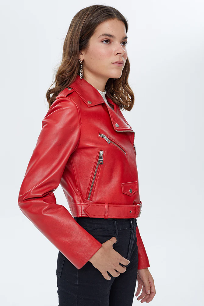 Star Kadın Kırmızı Kısa Deri Biker Ceket - Image 4
