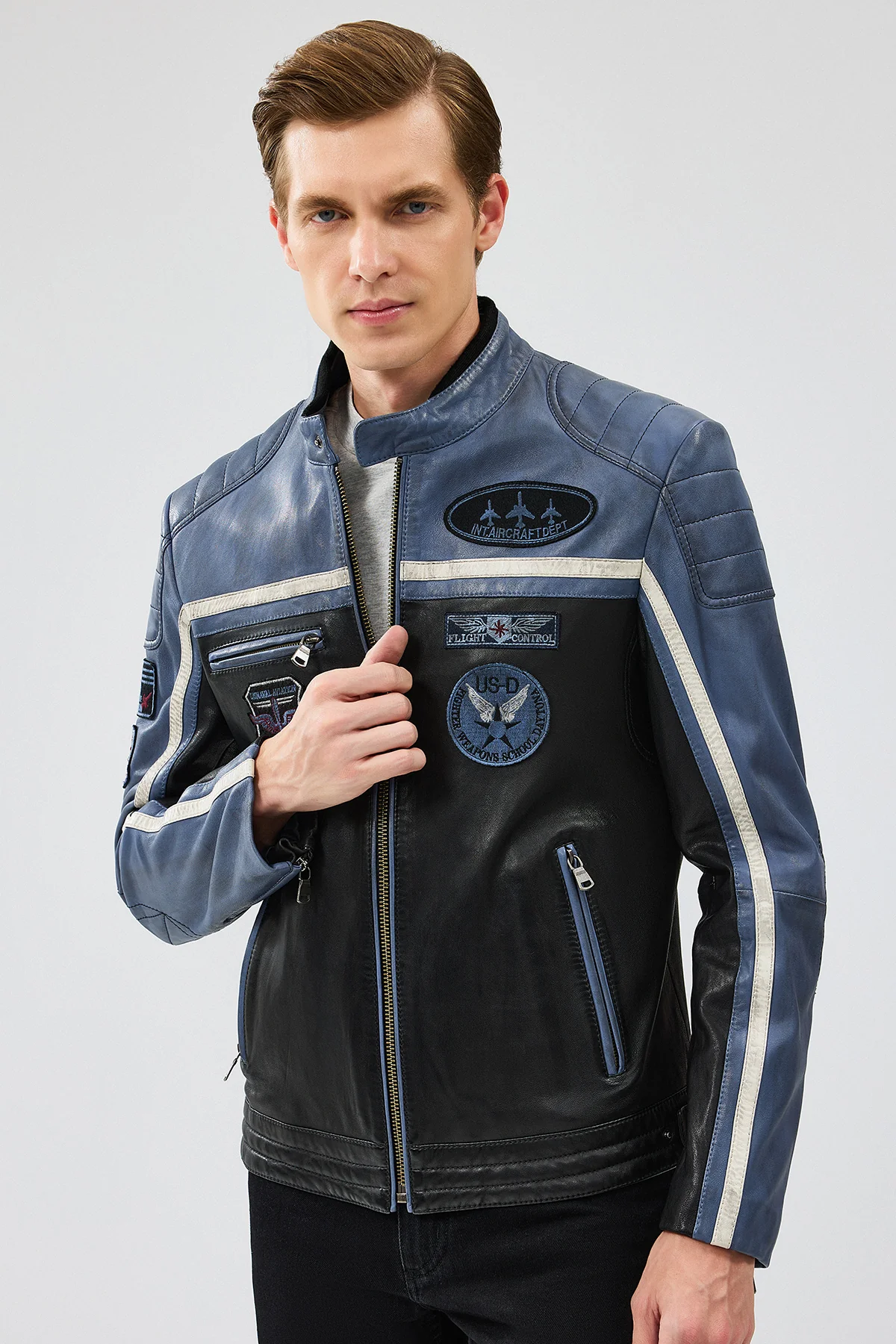 Takeoff Erkek Mavi Slim-Fit Deri Ceket - Image 3