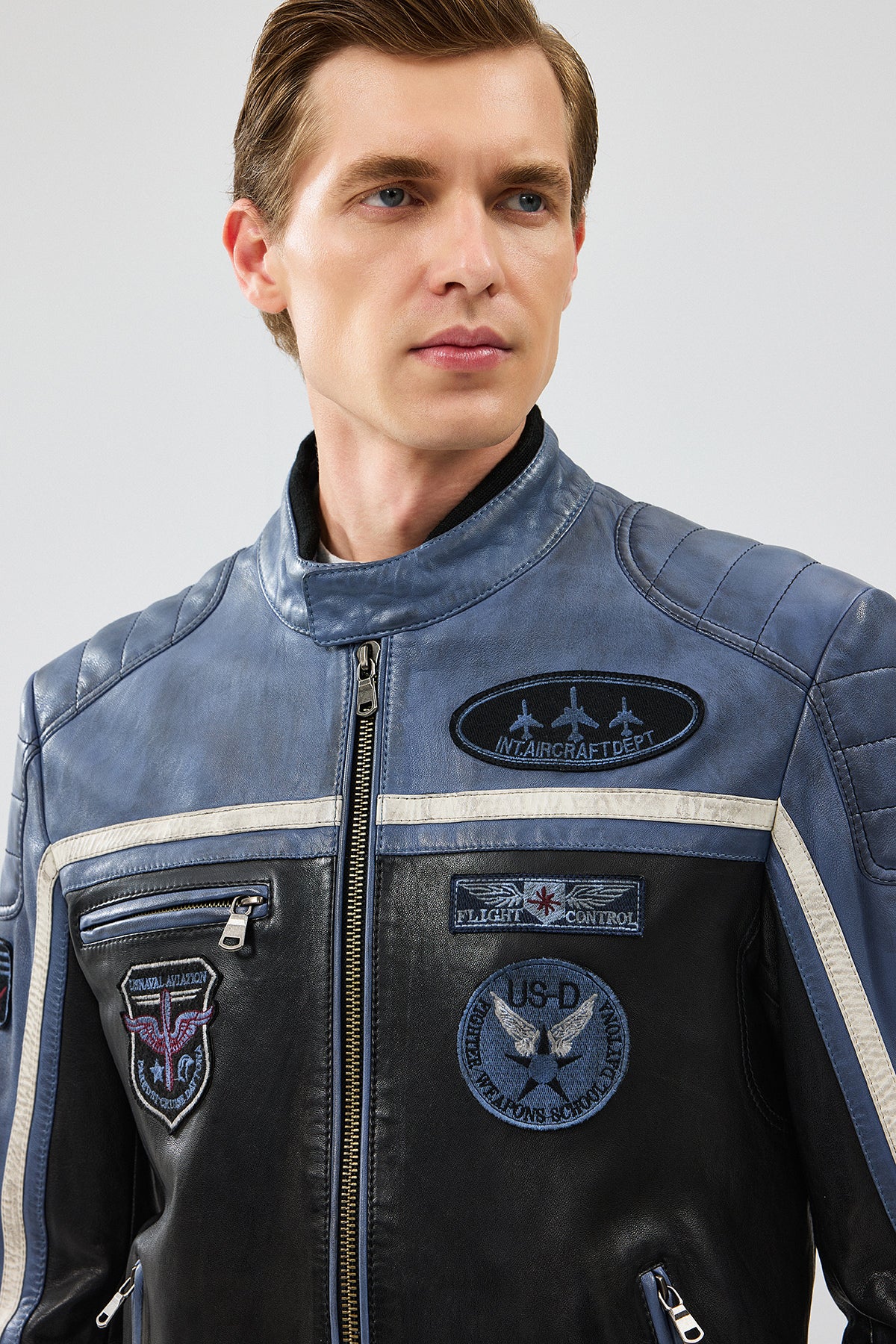 Takeoff Erkek Mavi Slim-Fit Deri Ceket - Image 7