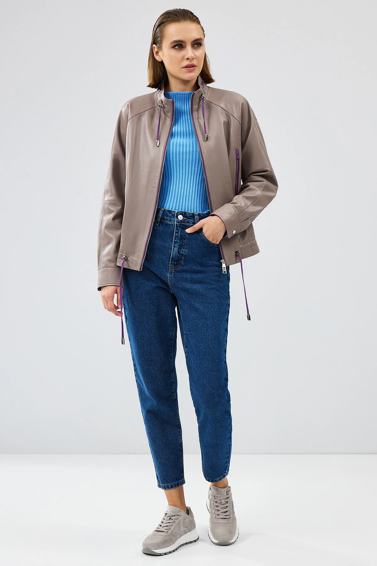 Terry Kadın Gri Oversize Deri Ceket - Image 2