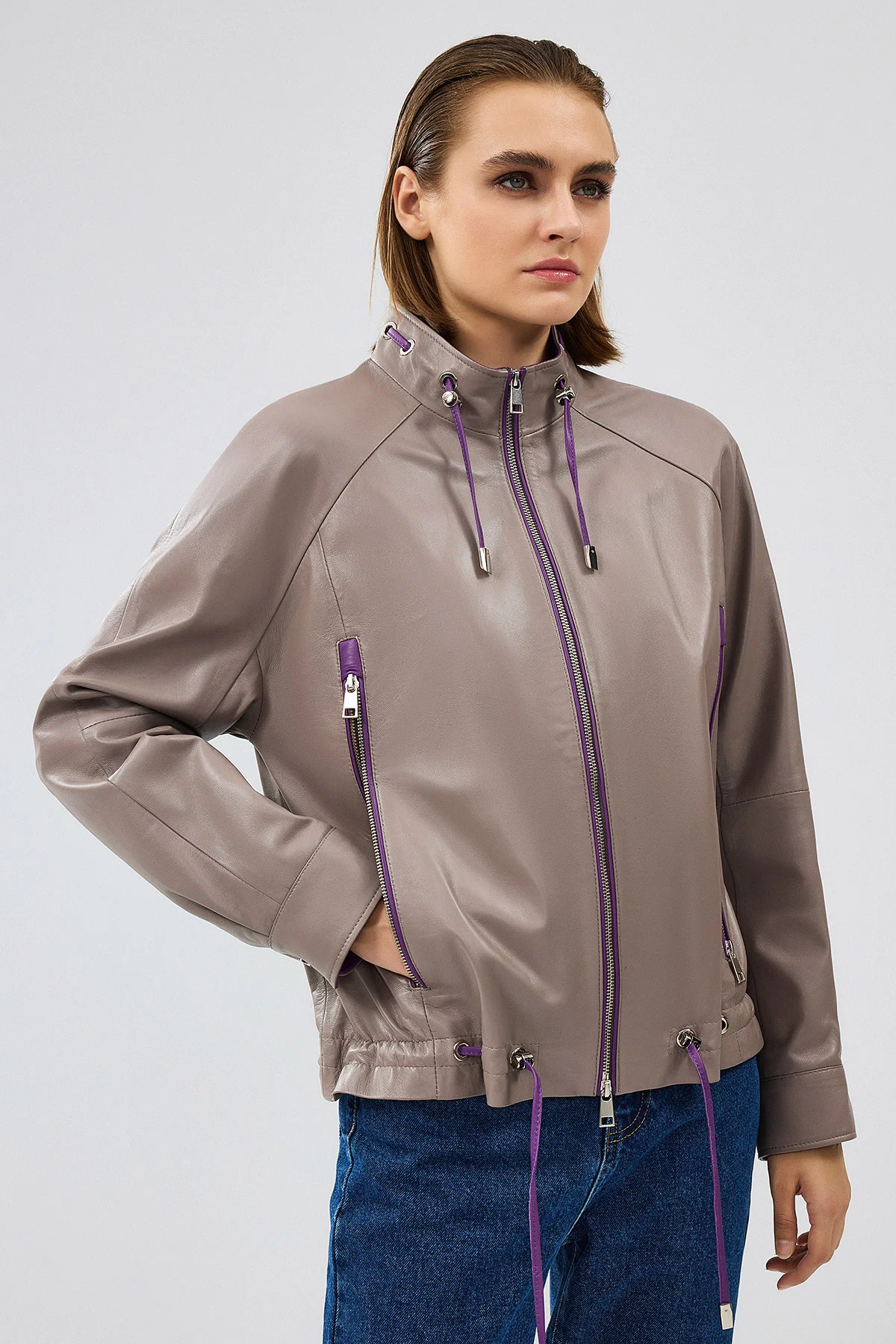 Terry Kadın Gri Oversize Deri Ceket - Image 3