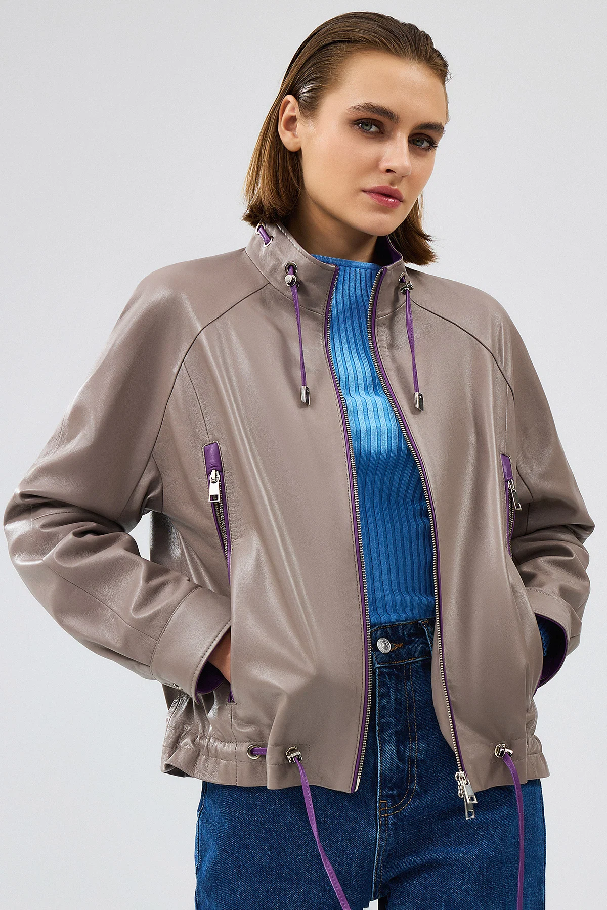 Terry Kadın Gri Oversize Deri Ceket - Image 5