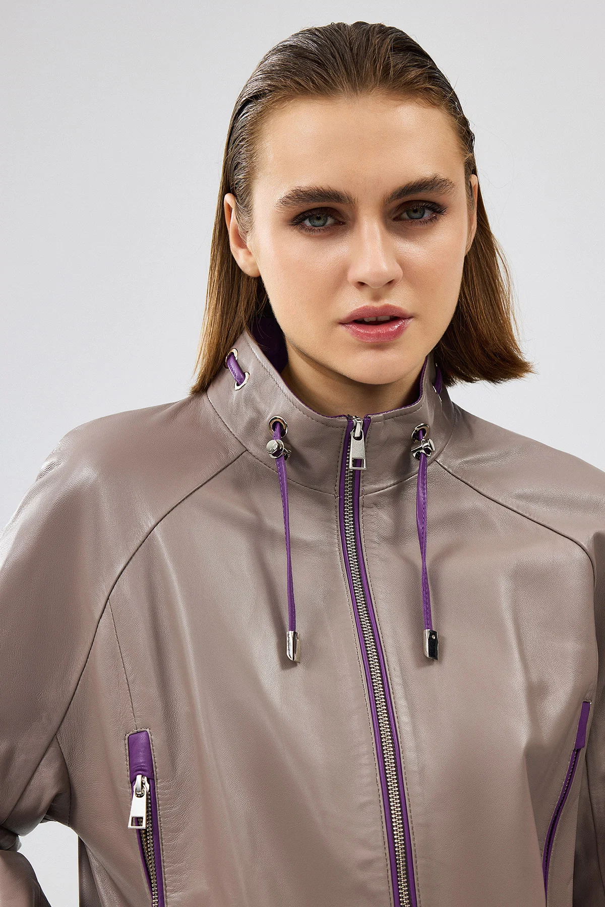 Terry Kadın Gri Oversize Deri Ceket - Image 7