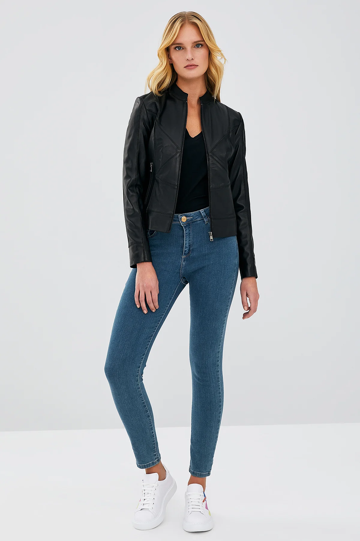 Tiffany Kadın Siyah Slim-Fit Kısa Deri Ceket - Image 5