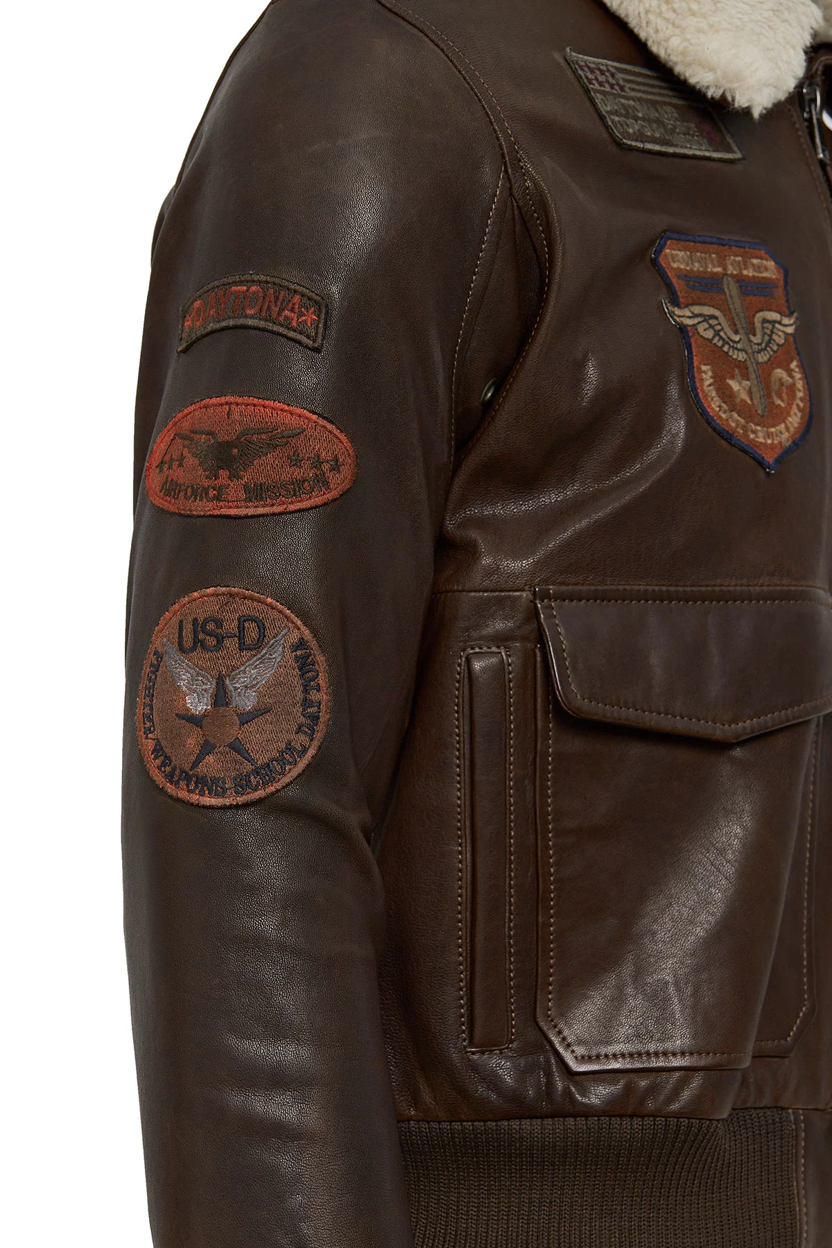 Top Gun Kadın Kahverengi Armalı Yakası Kürklü Deri Pilot Mont - Image 6