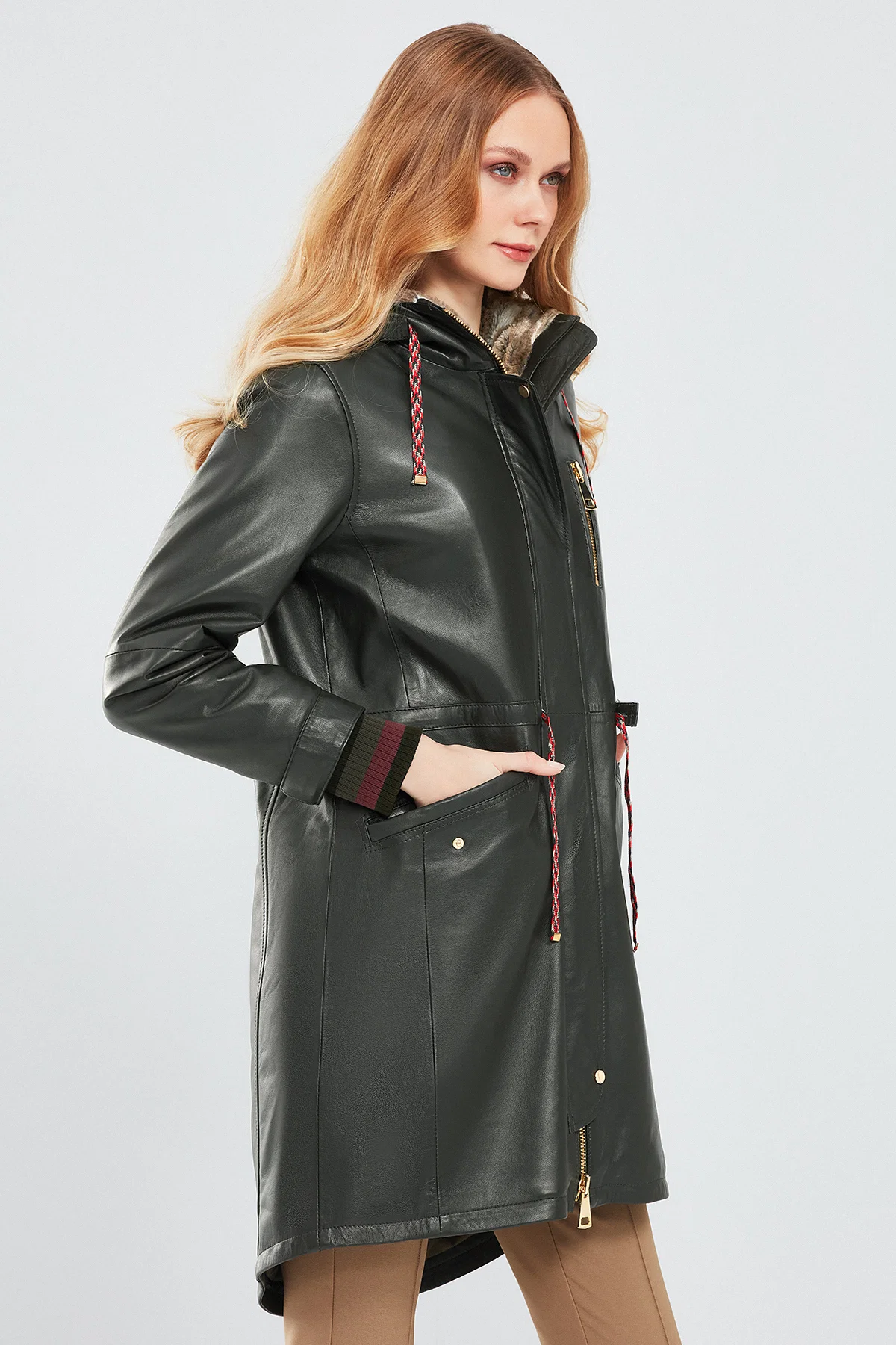 Valentina Kadın Yeşil Kürklü Deri Parka - Image 3