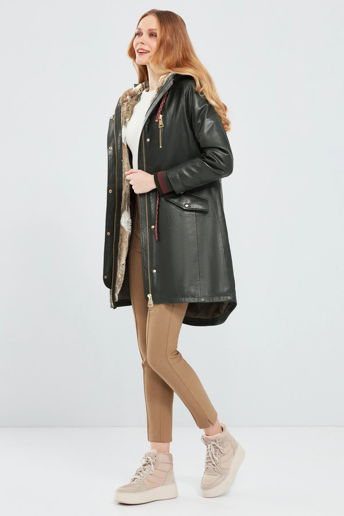 Valentina Kadın Yeşil Kürklü Deri Parka - Image 7