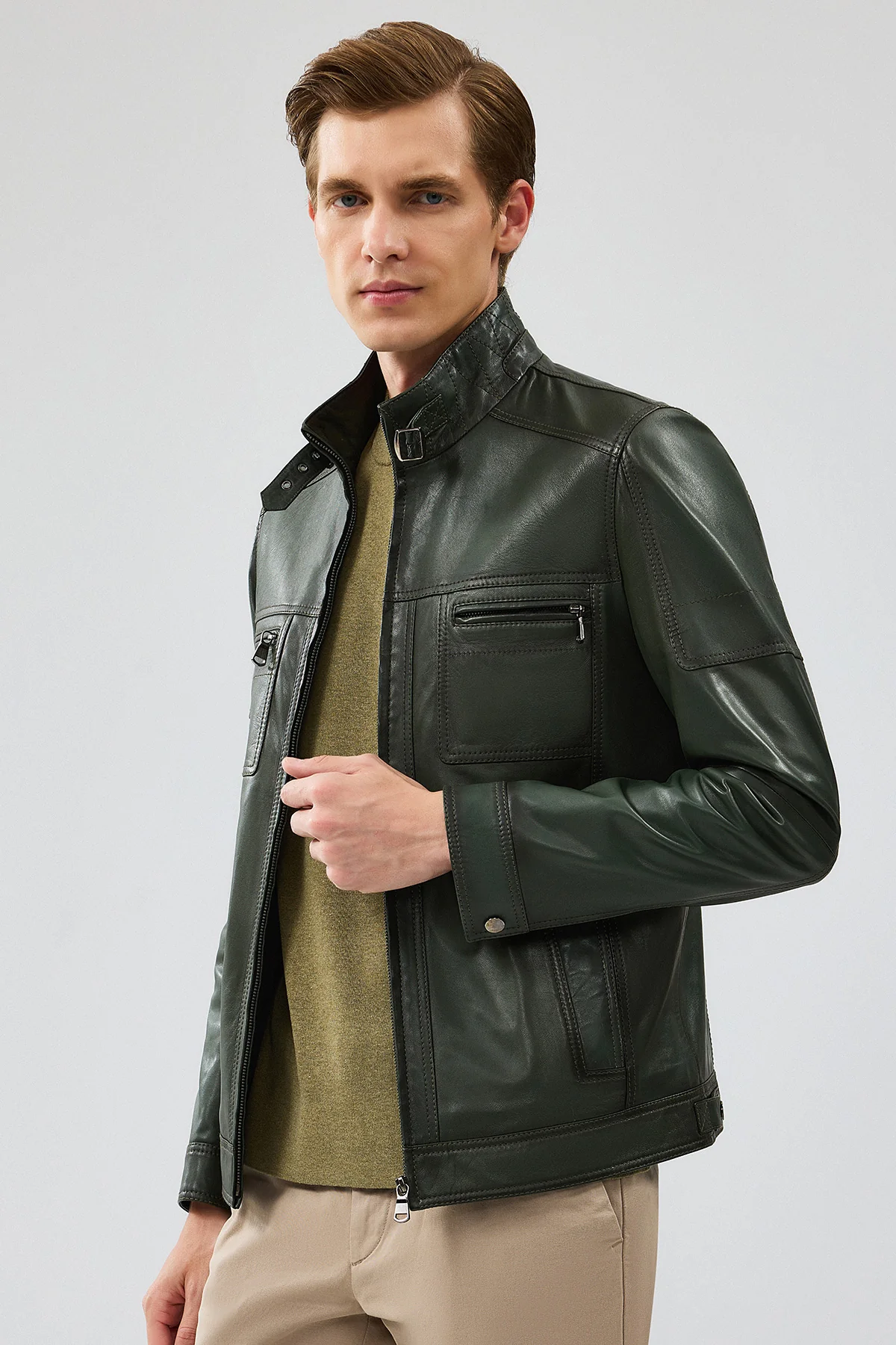 Wade Erkek Haki Slim-Fit Deri Mont - Image 2