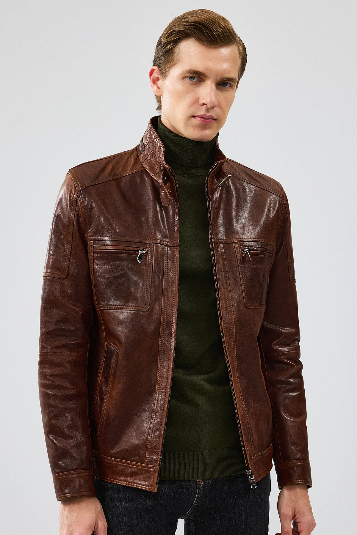 Wade Erkek Kahverengi Slim-Fit Deri Ceket - Image 2