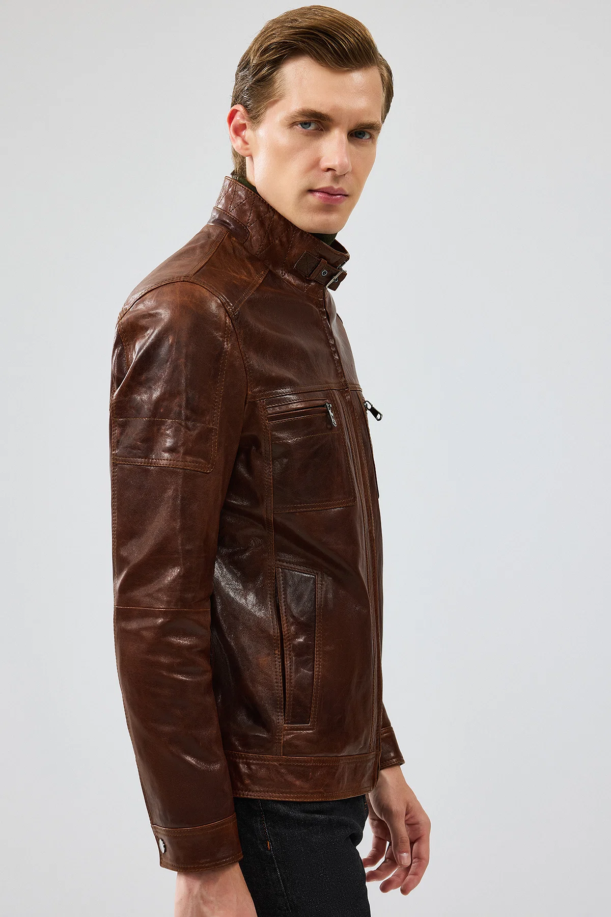 Wade Erkek Kahverengi Slim-Fit Deri Ceket - Image 4