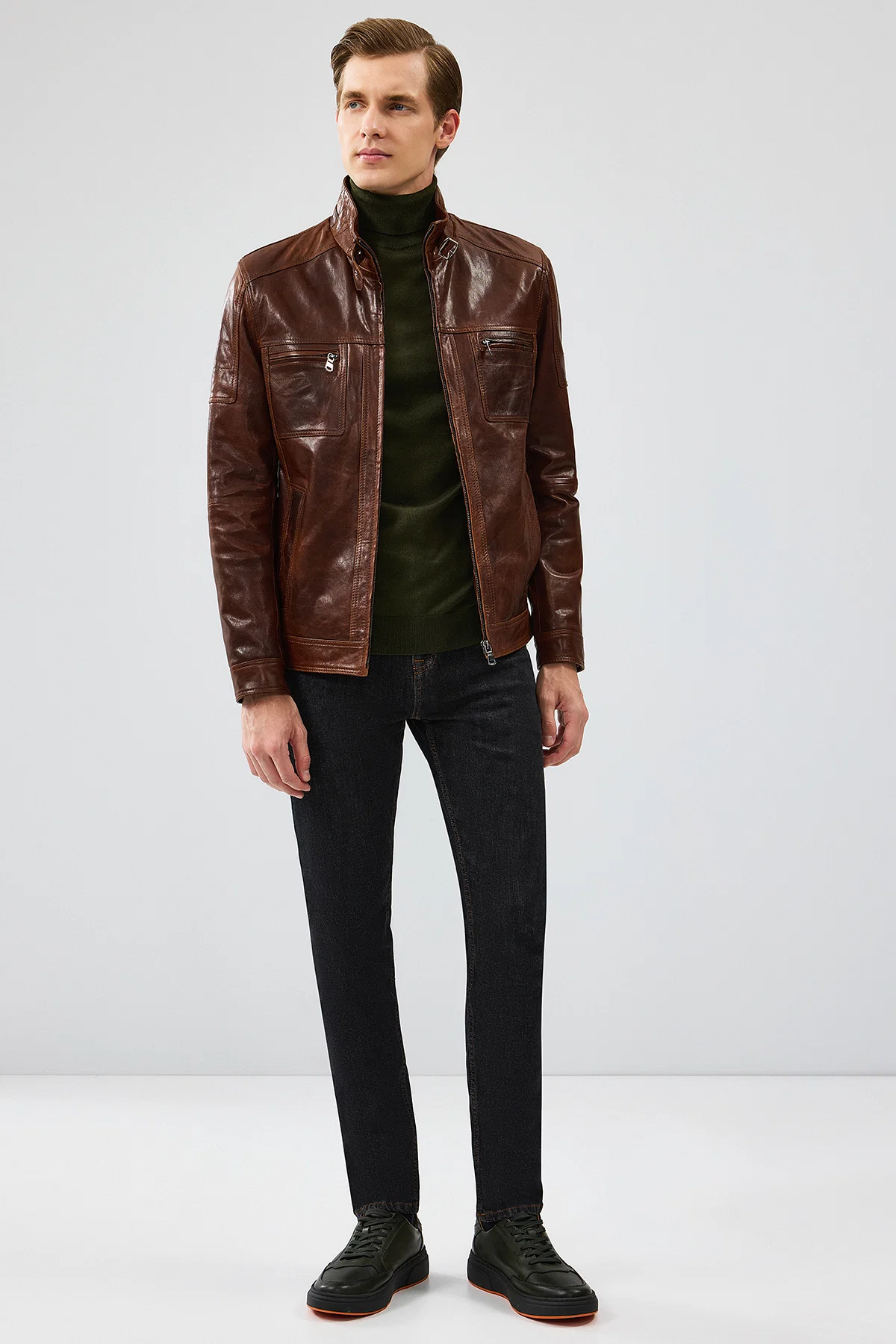 Wade Erkek Kahverengi Slim-Fit Deri Ceket - Image 6