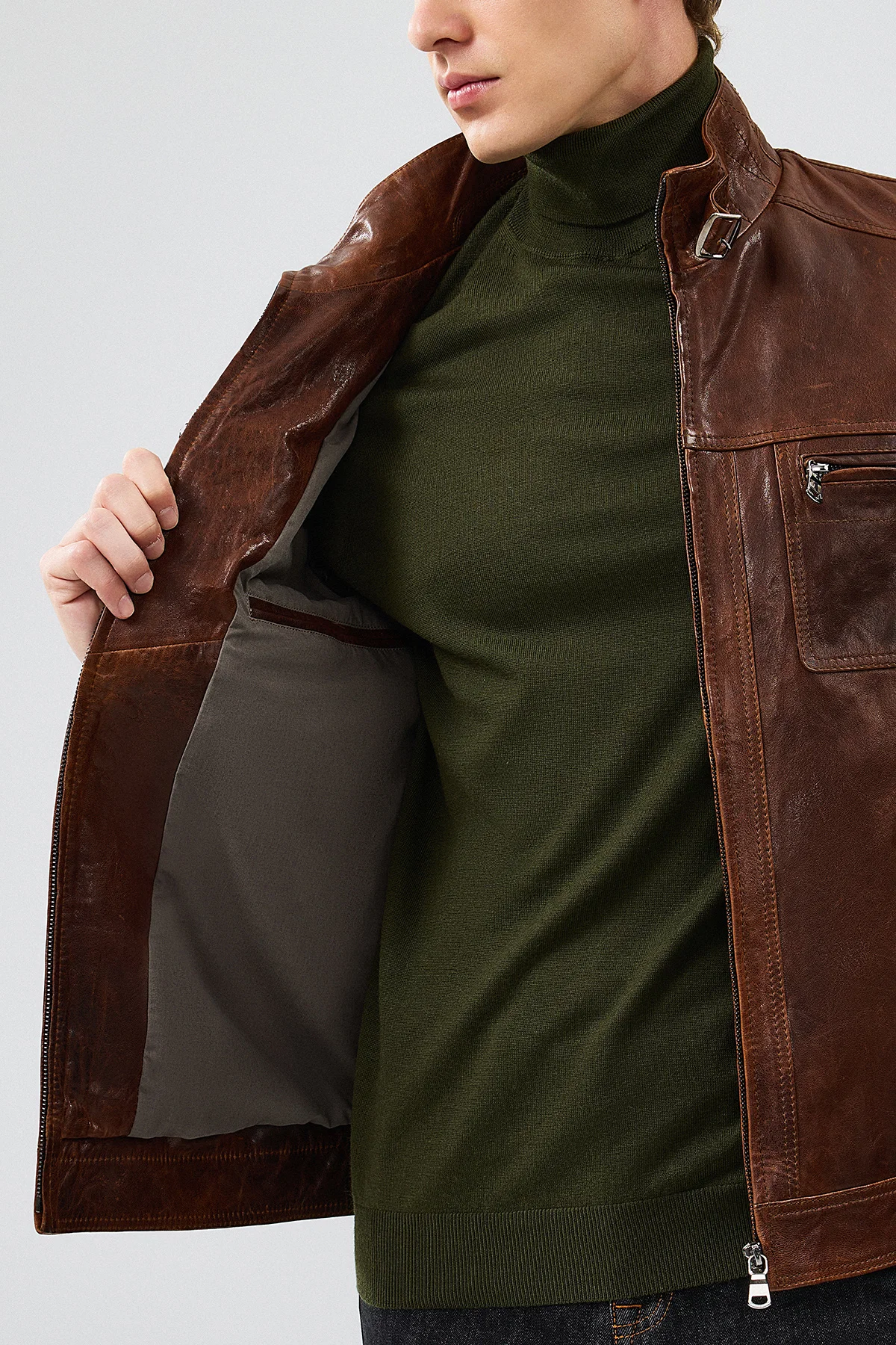 Wade Erkek Kahverengi Slim-Fit Deri Ceket - Image 8