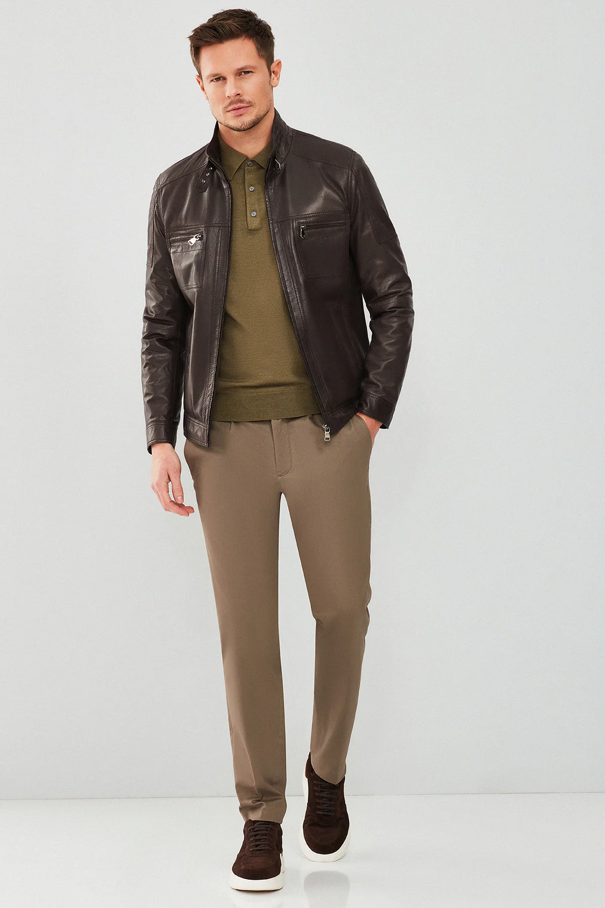 Wade Erkek Kahverengi Slim-Fit Deri Mont - Image 6