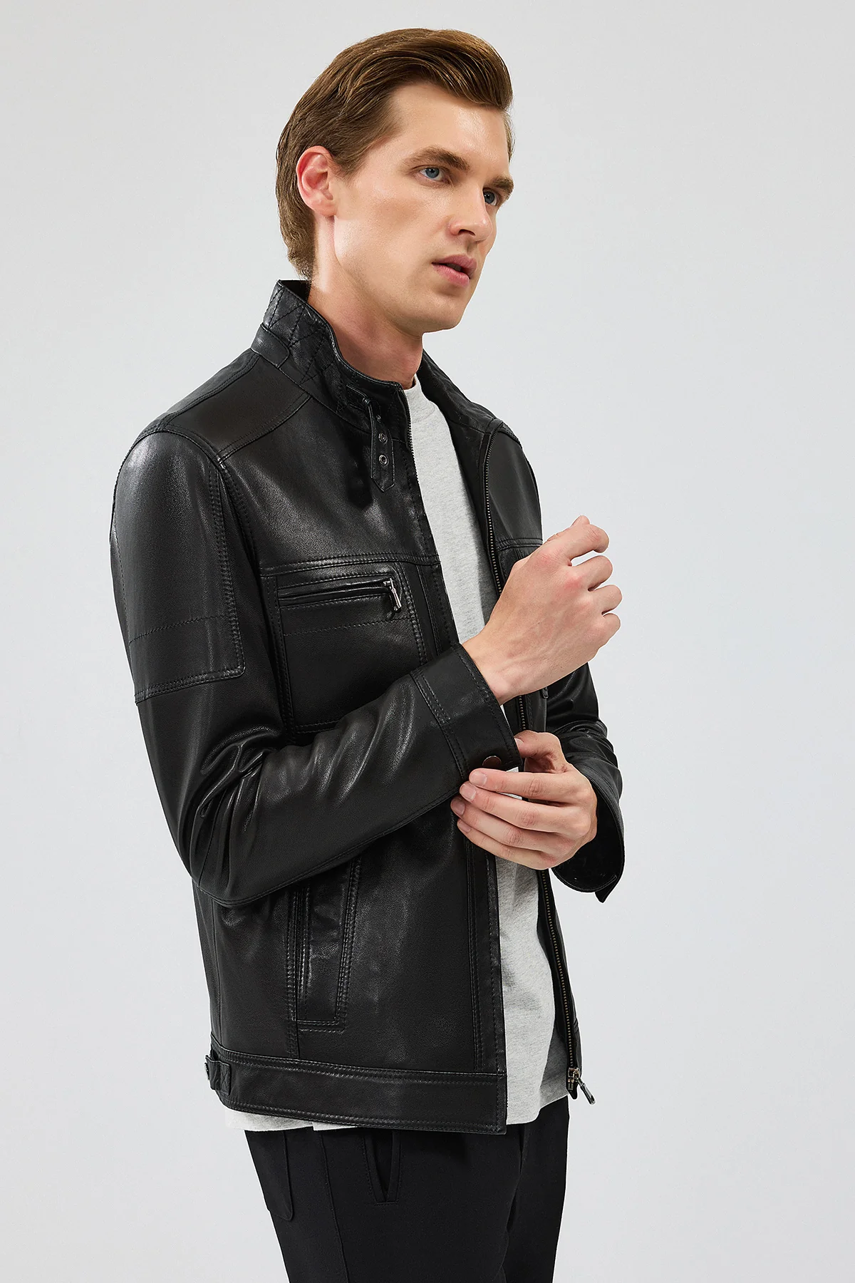 Wade Erkek Siyah Slim-Fit Deri Mont - Image 2