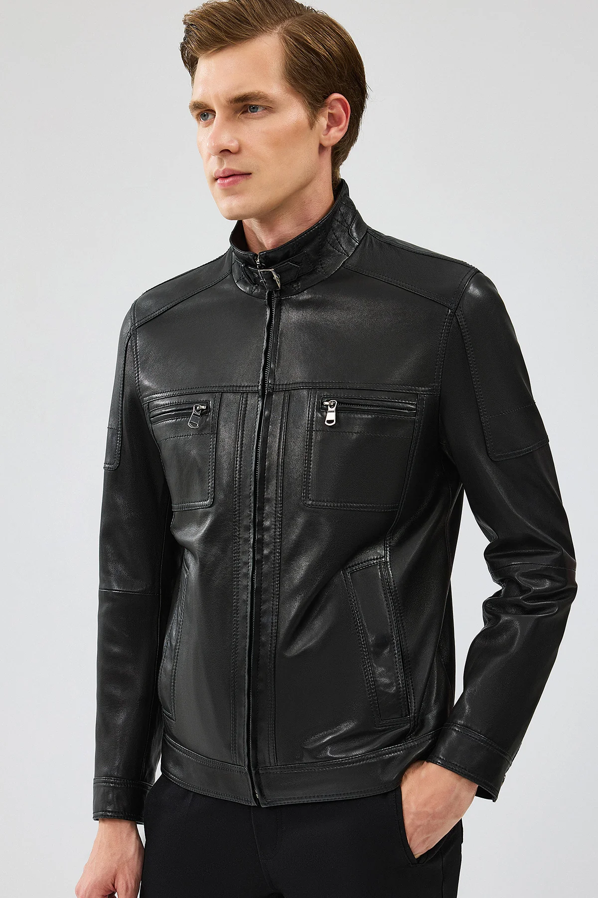 Wade Erkek Siyah Slim-Fit Deri Mont - Image 3