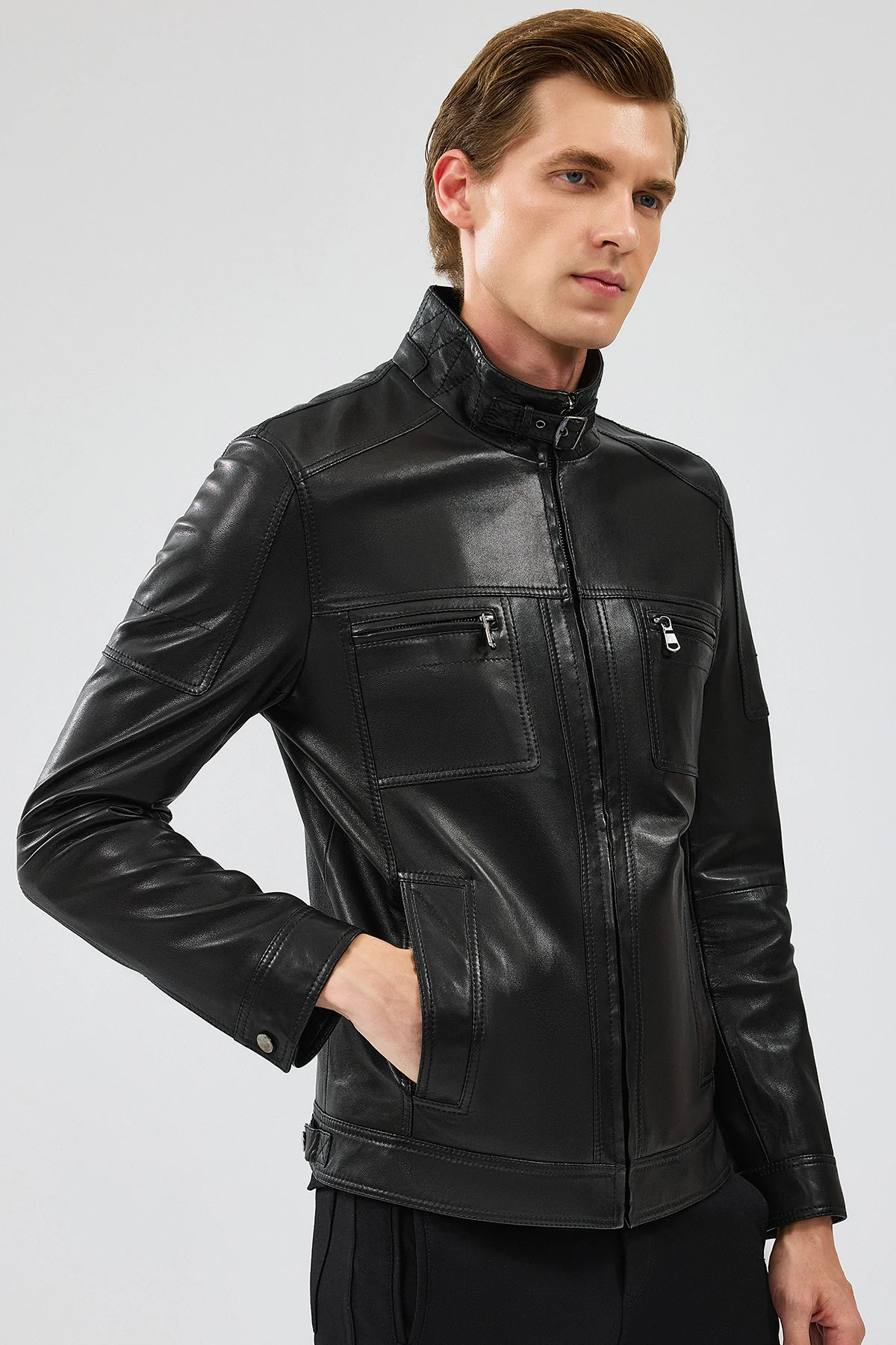 Wade Erkek Siyah Slim-Fit Deri Mont - Image 4