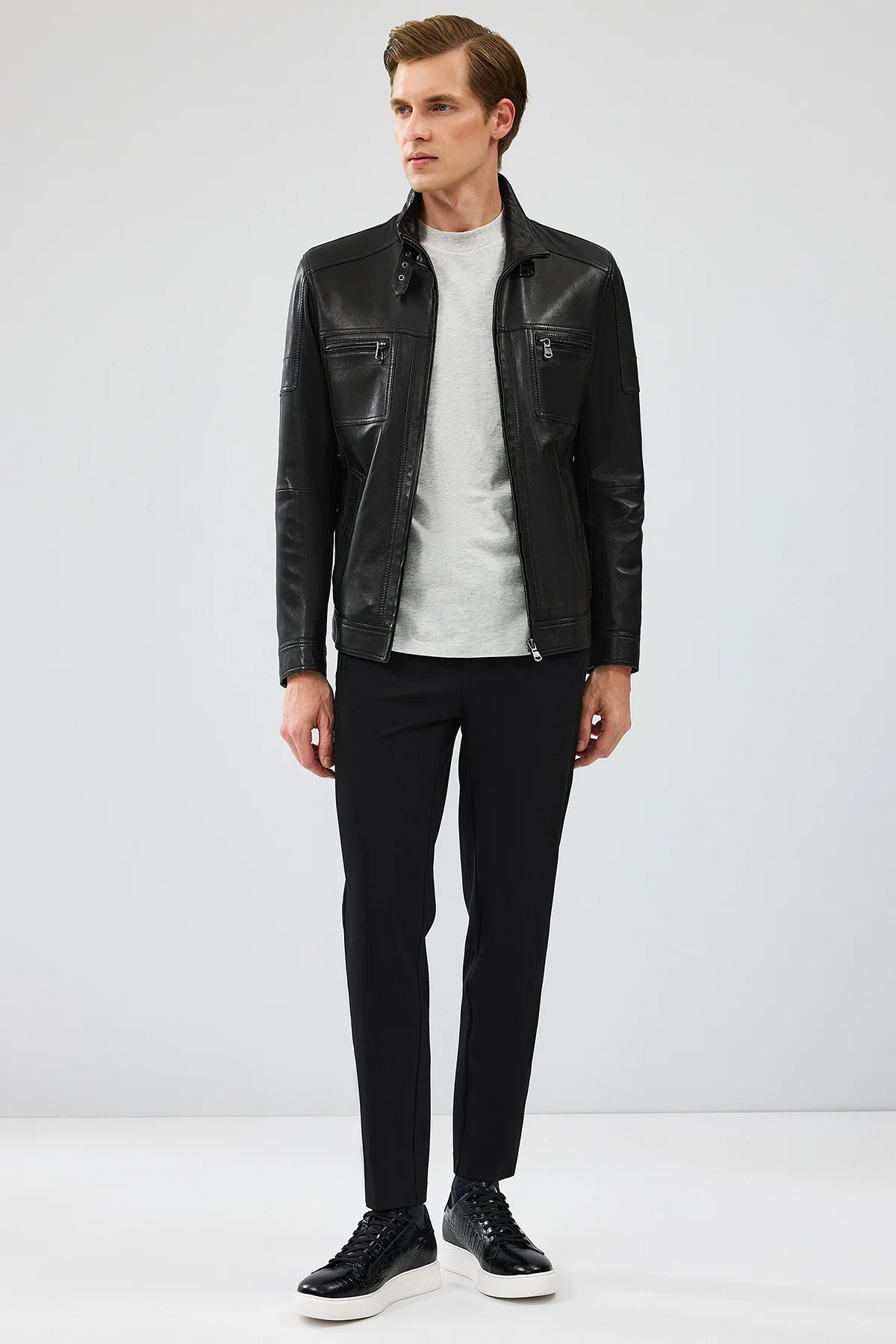 Wade Erkek Siyah Slim-Fit Deri Mont - Image 6