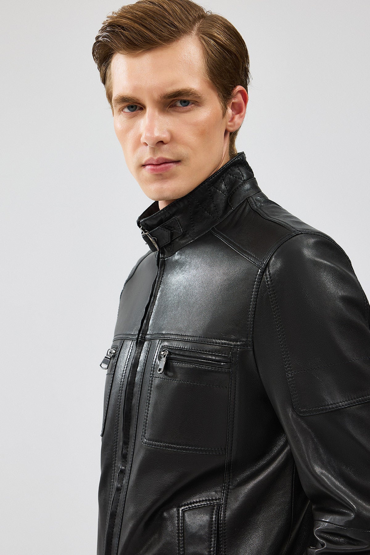 Wade Erkek Siyah Slim-Fit Deri Mont - Image 7