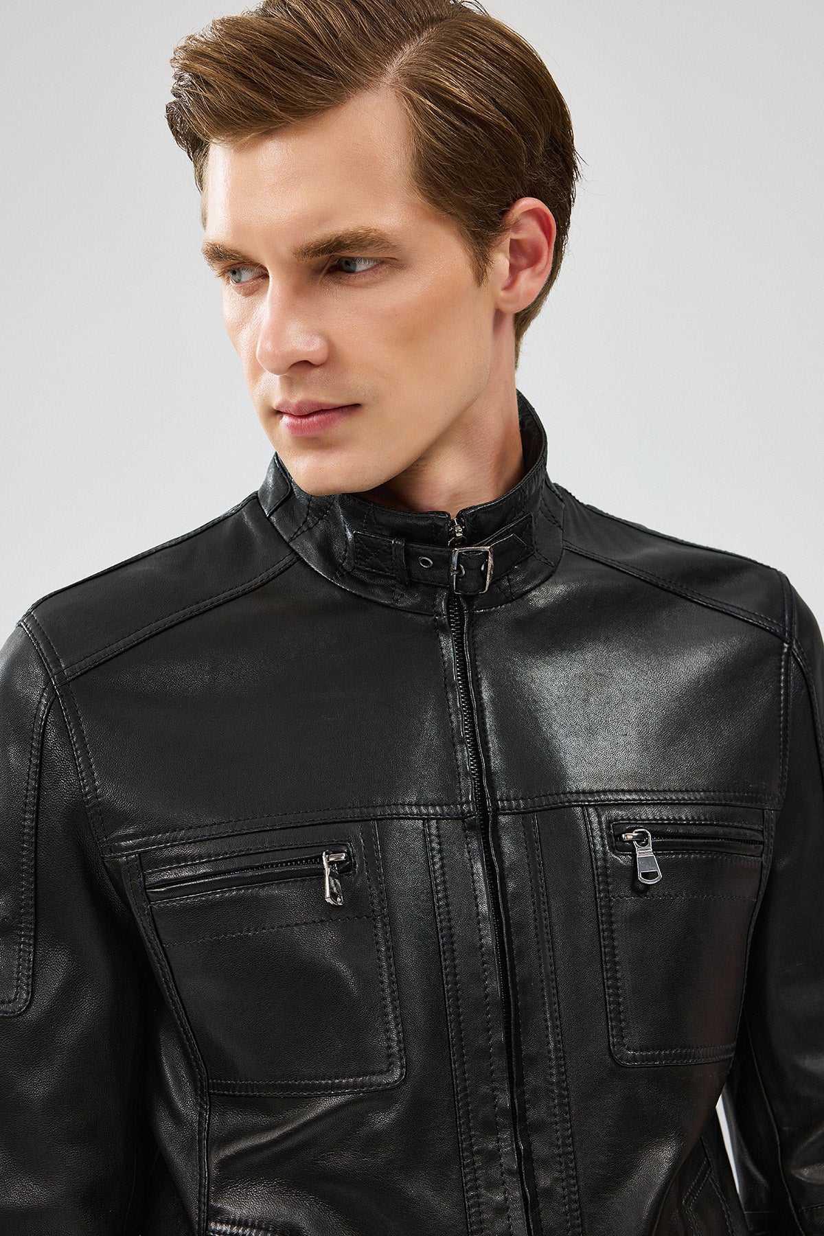 Wade Erkek Siyah Slim-Fit Deri Mont - Image 8