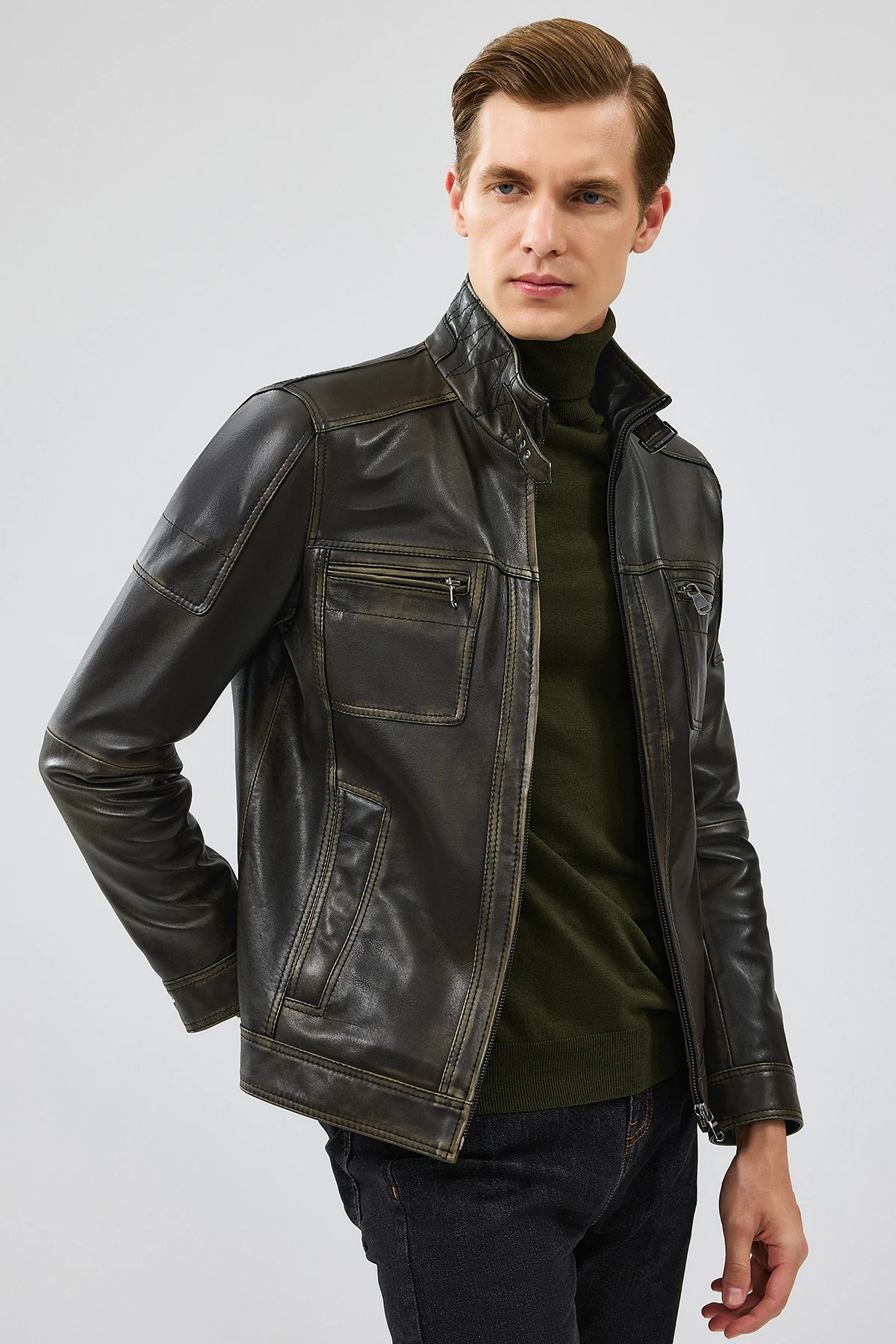 Wade Erkek Yeşil Slim-Fit Deri Mont - Image 2