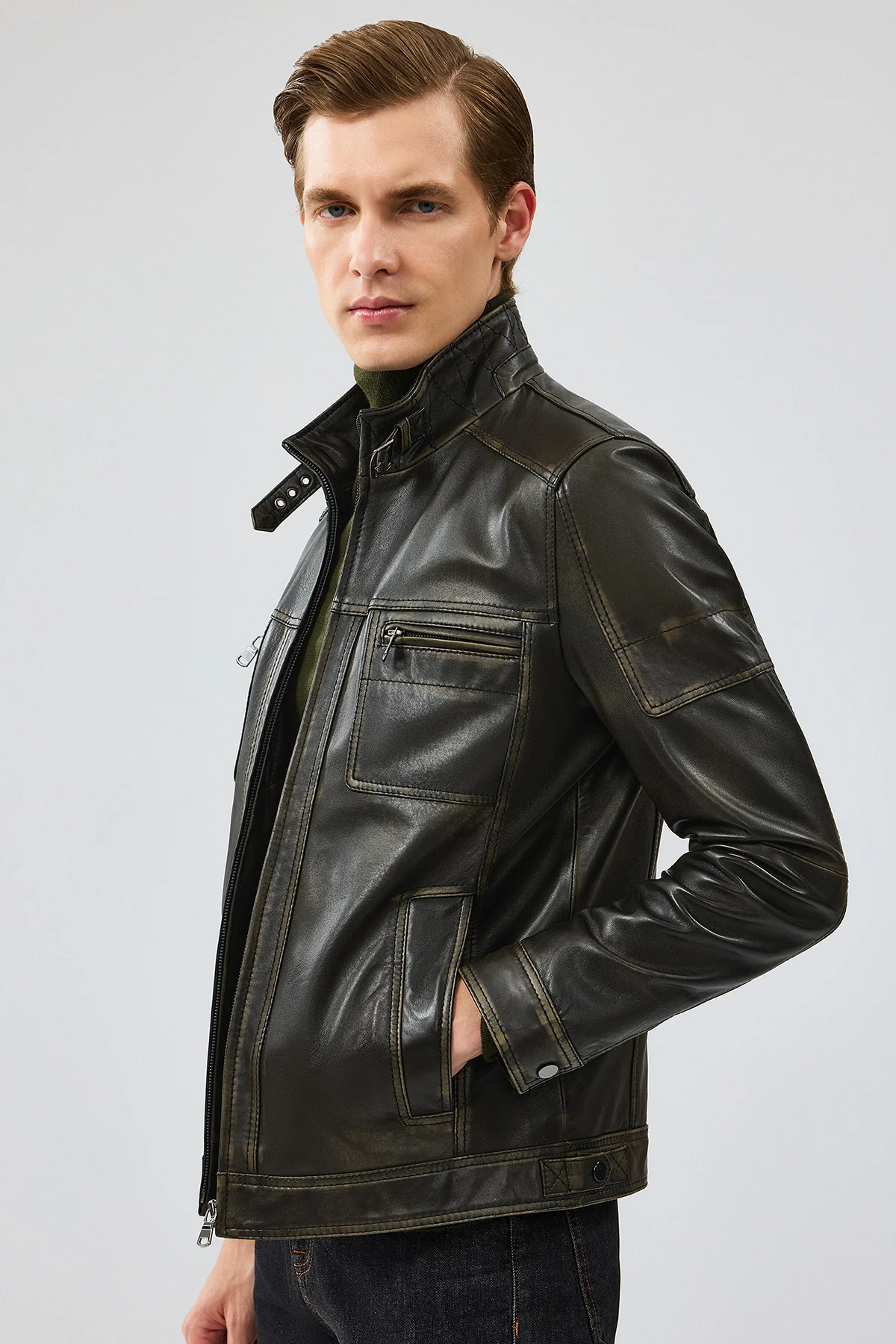 Wade Erkek Yeşil Slim-Fit Deri Mont - Image 3