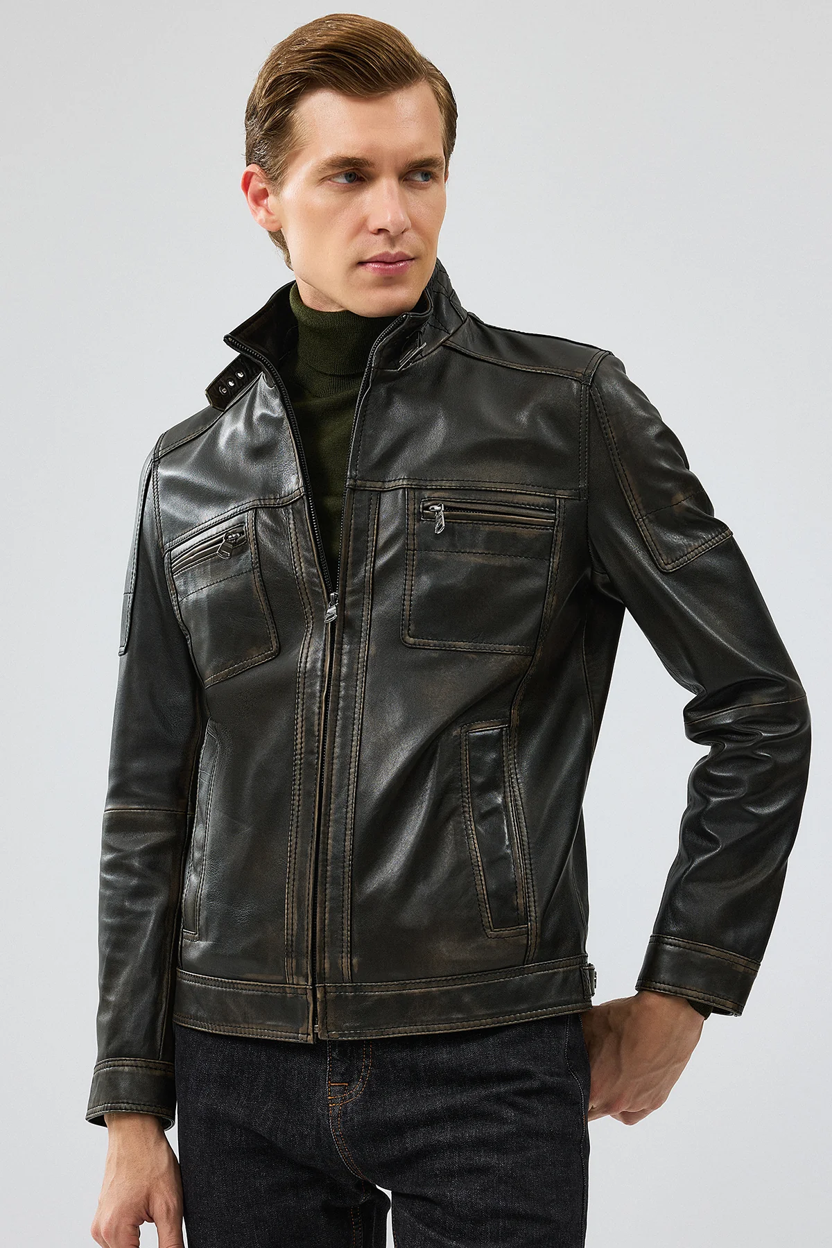 Wade Erkek Yeşil Slim-Fit Deri Mont - Image 4